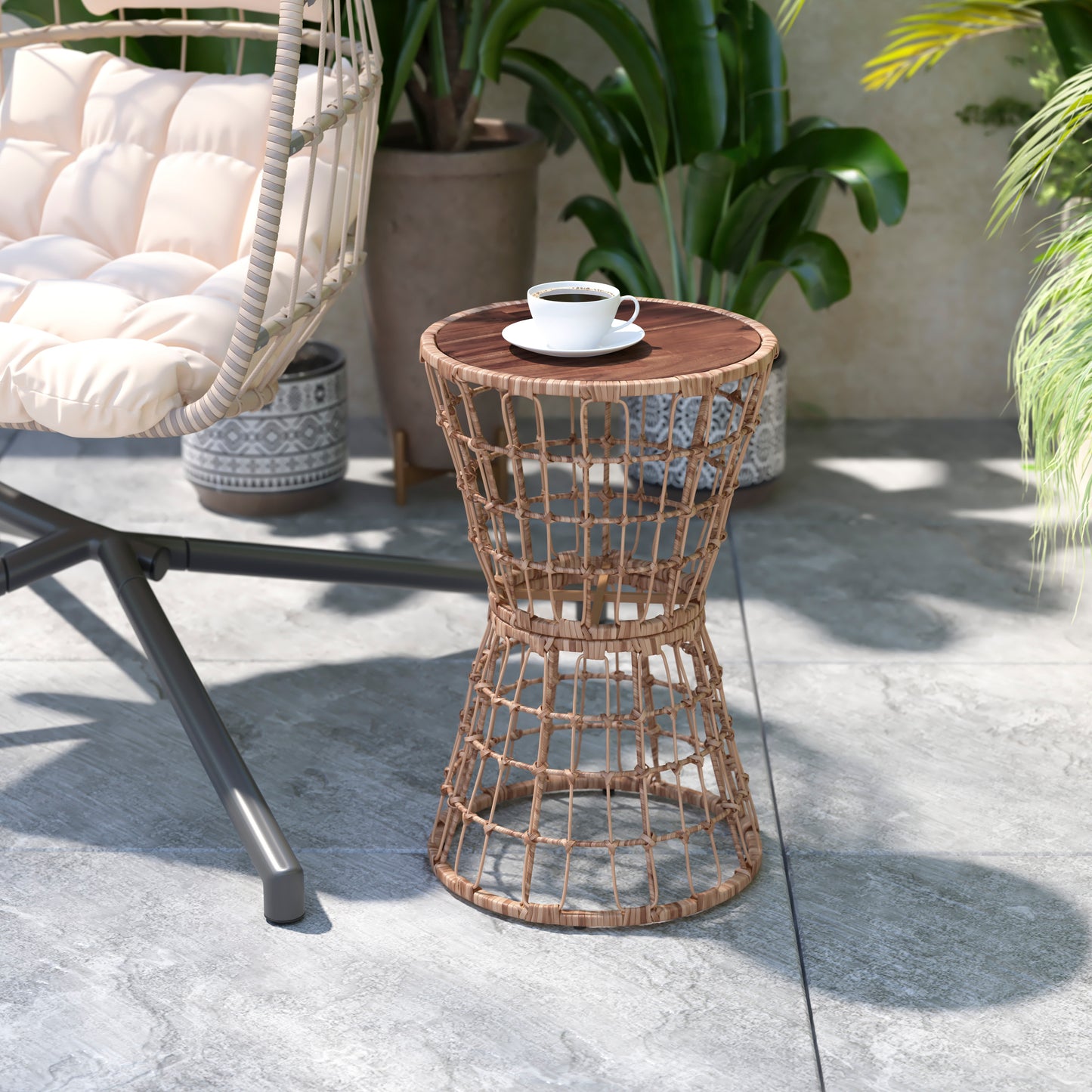 Devon 3-Piece Natural Patio Bistro Set, Indoor/Outdoor Rattan Rope Chairs, Acacia Wood Top Table & Light Gray Seat Cushions Light Gray Cushions/Natural Frame