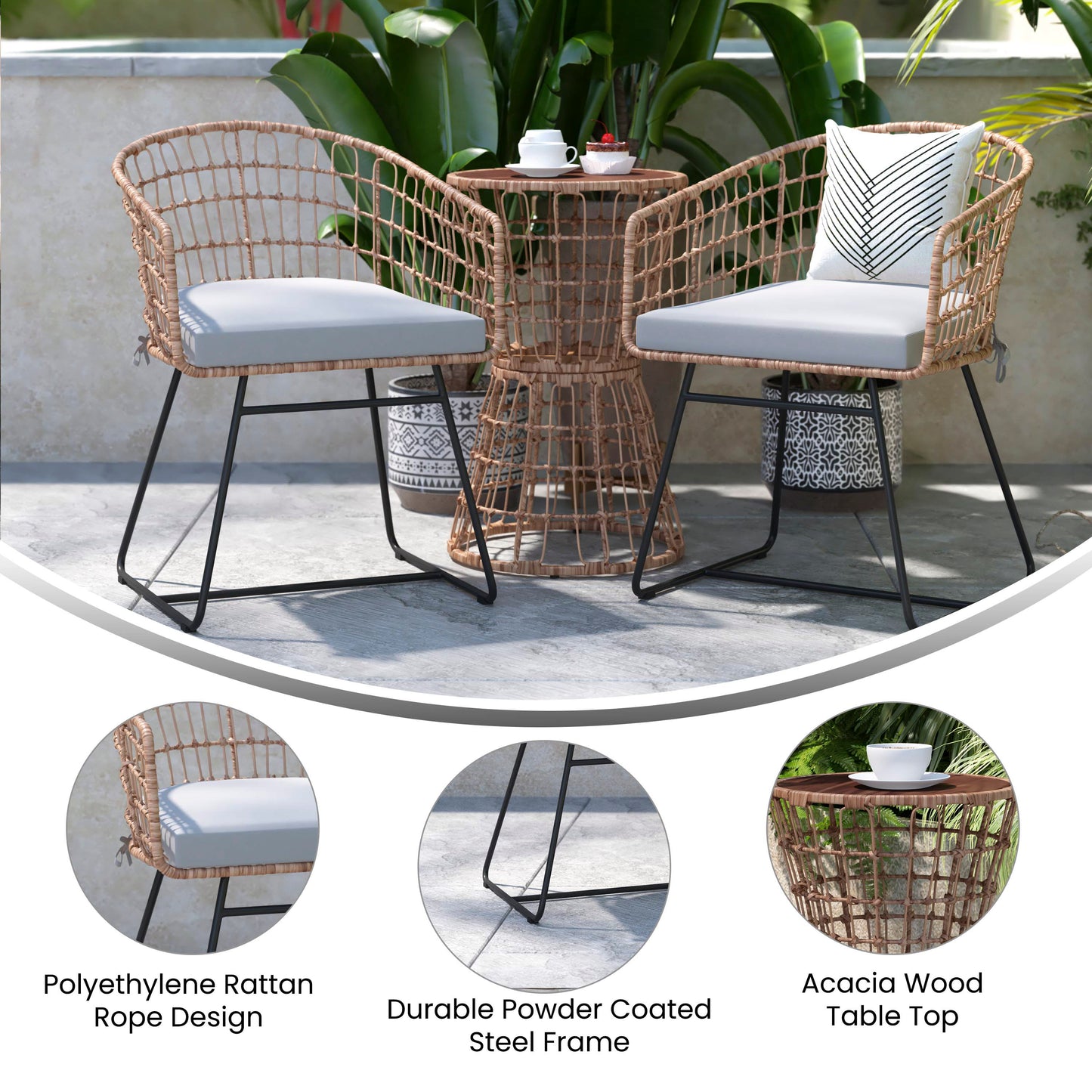 Devon 3-Piece Natural Patio Bistro Set, Indoor/Outdoor Rattan Rope Chairs, Acacia Wood Top Table & Light Gray Seat Cushions Light Gray Cushions/Natural Frame