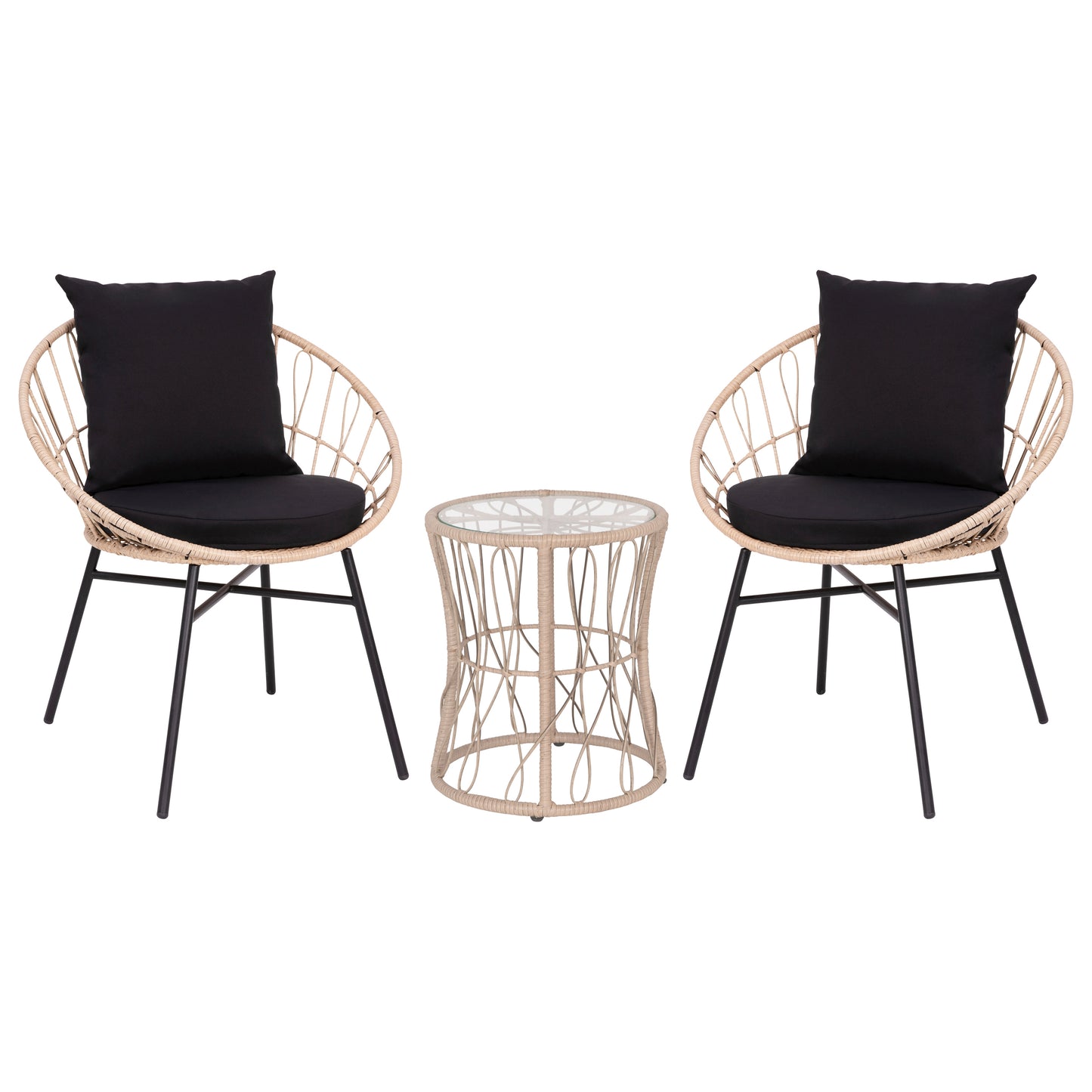 Devon 3-Piece Tan Indoor/Outdoor Bistro Set, Papasan Style Rattan Rope Chairs, Glass Top Side Table & Black Cushions Black Cushions/Tan Frame