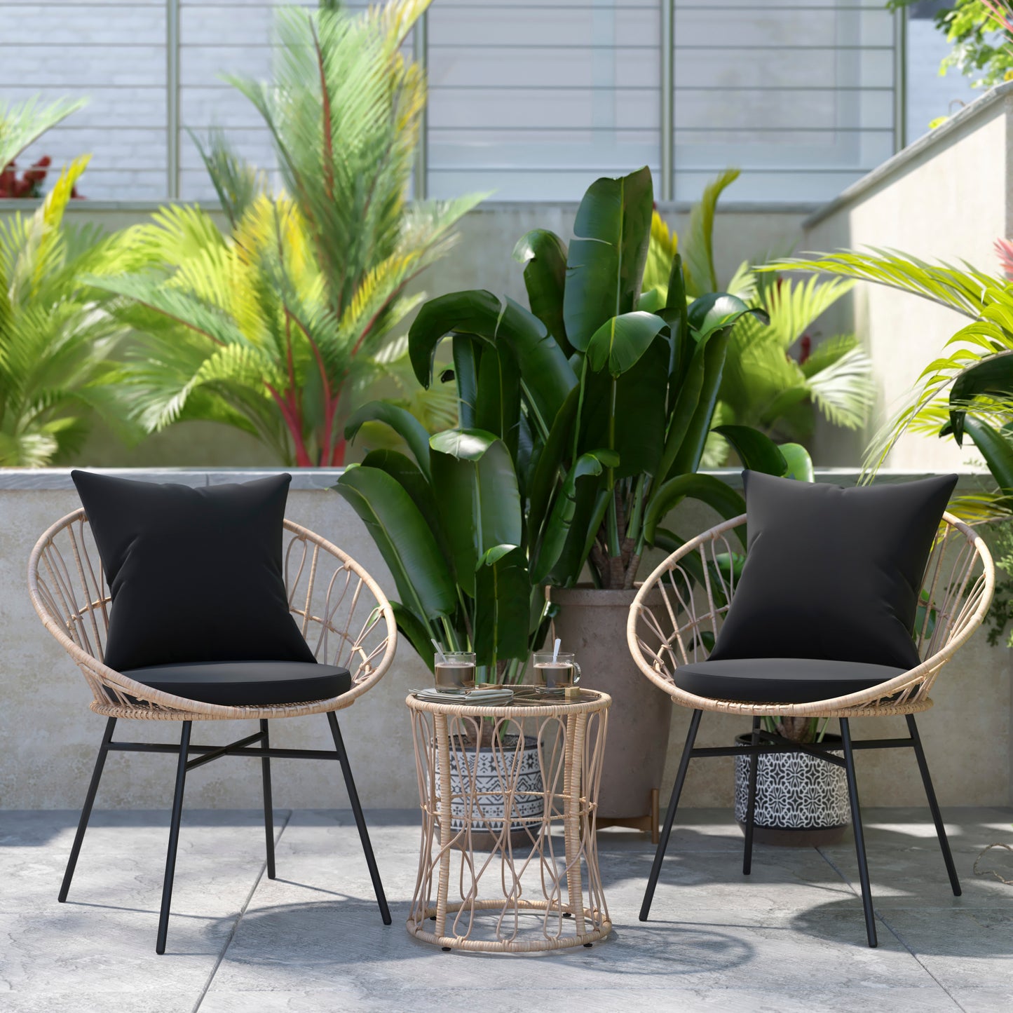 Devon 3-Piece Tan Indoor/Outdoor Bistro Set, Papasan Style Rattan Rope Chairs, Glass Top Side Table & Black Cushions Black Cushions/Tan Frame