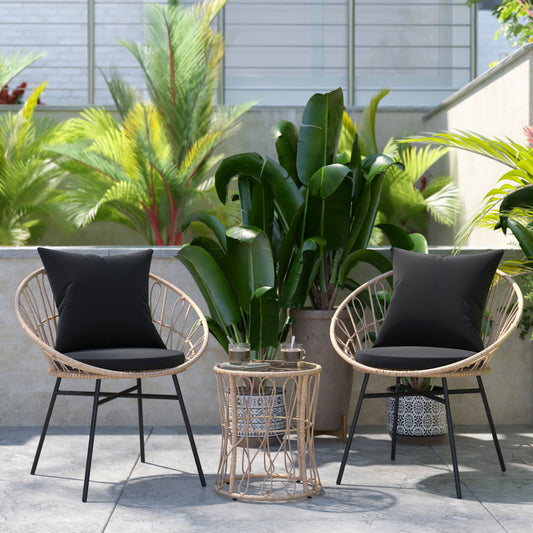 Devon 3-Piece Tan Indoor/Outdoor Bistro Set, Papasan Style Rattan Rope Chairs, Glass Top Side Table & Black Cushions Black Cushions/Tan Frame