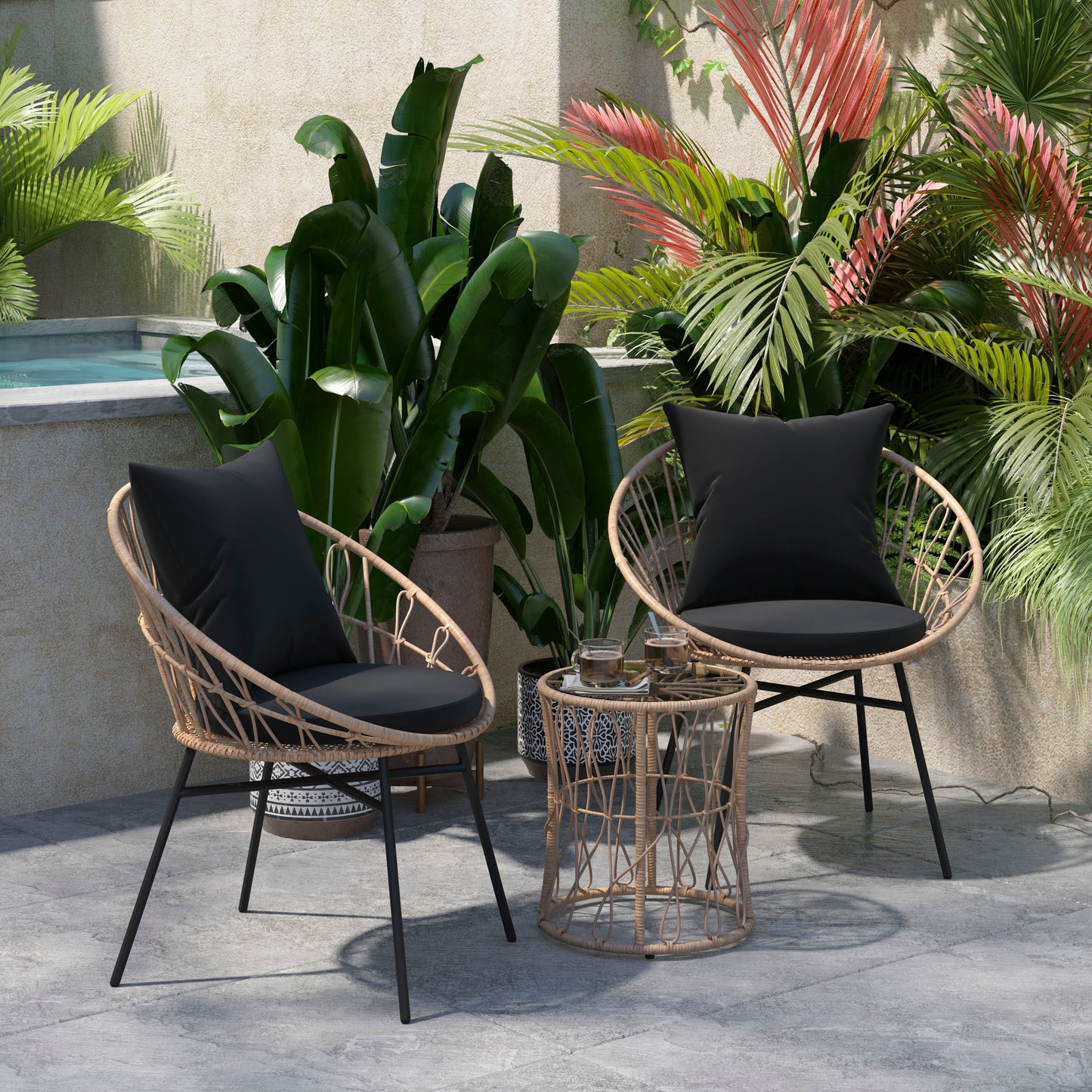 Devon 3-Piece Tan Indoor/Outdoor Bistro Set, Papasan Style Rattan Rope Chairs, Glass Top Side Table & Black Cushions Black Cushions/Tan Frame
