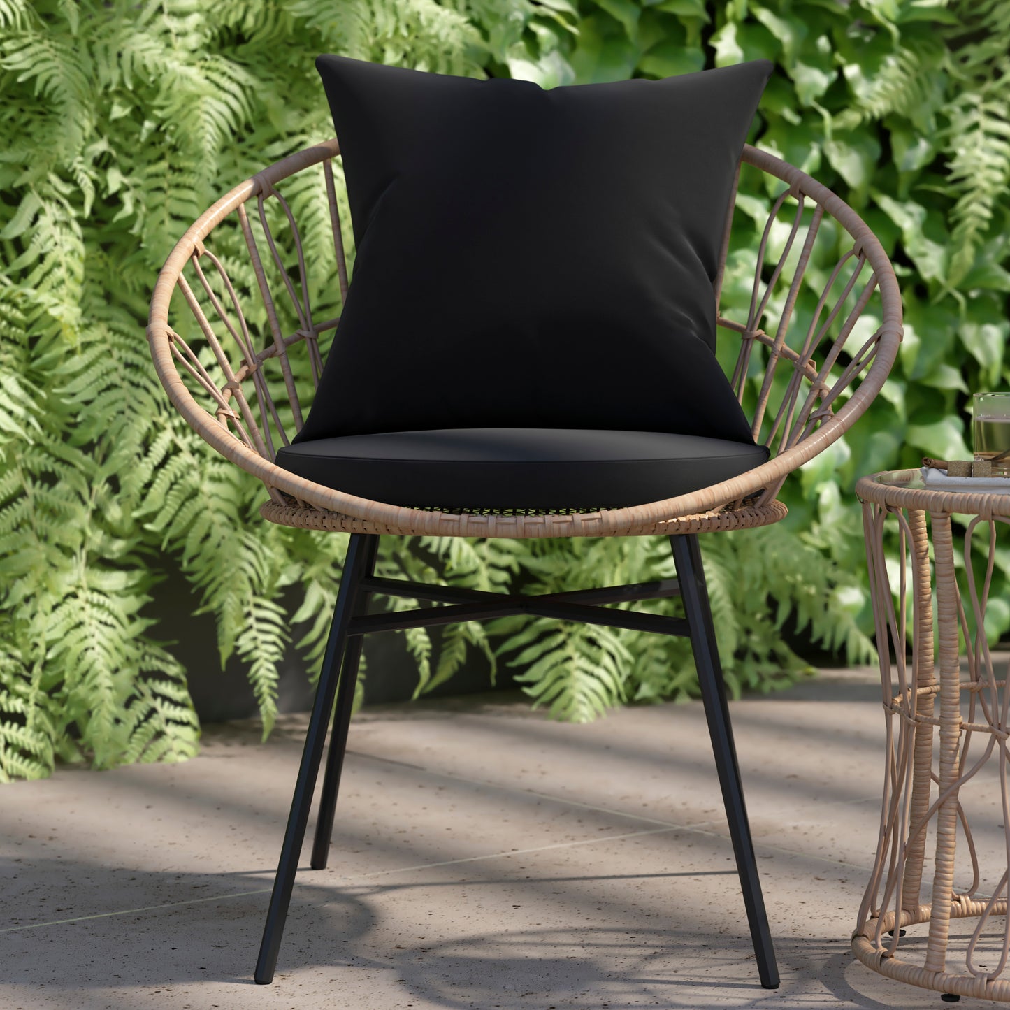 Devon 3-Piece Tan Indoor/Outdoor Bistro Set, Papasan Style Rattan Rope Chairs, Glass Top Side Table & Black Cushions Black Cushions/Tan Frame