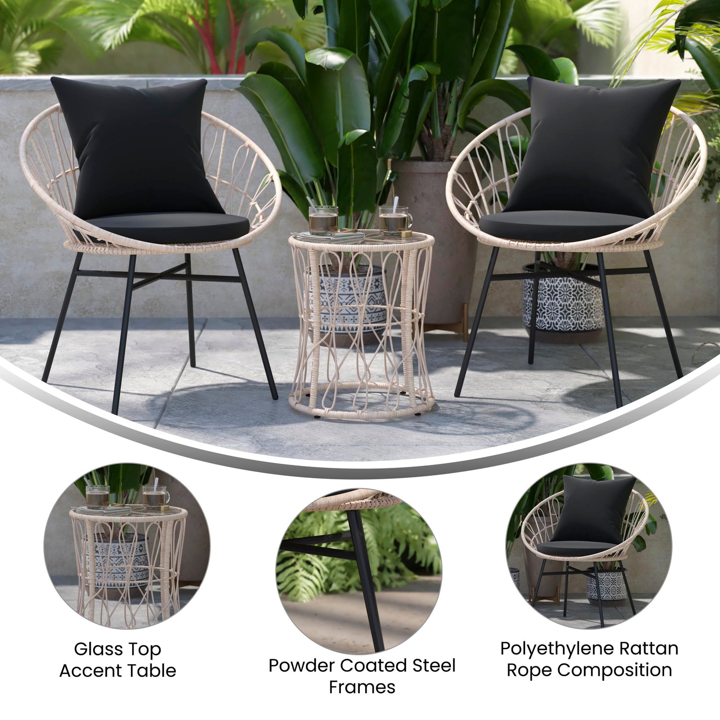 Devon 3-Piece Tan Indoor/Outdoor Bistro Set, Papasan Style Rattan Rope Chairs, Glass Top Side Table & Black Cushions Black Cushions/Tan Frame