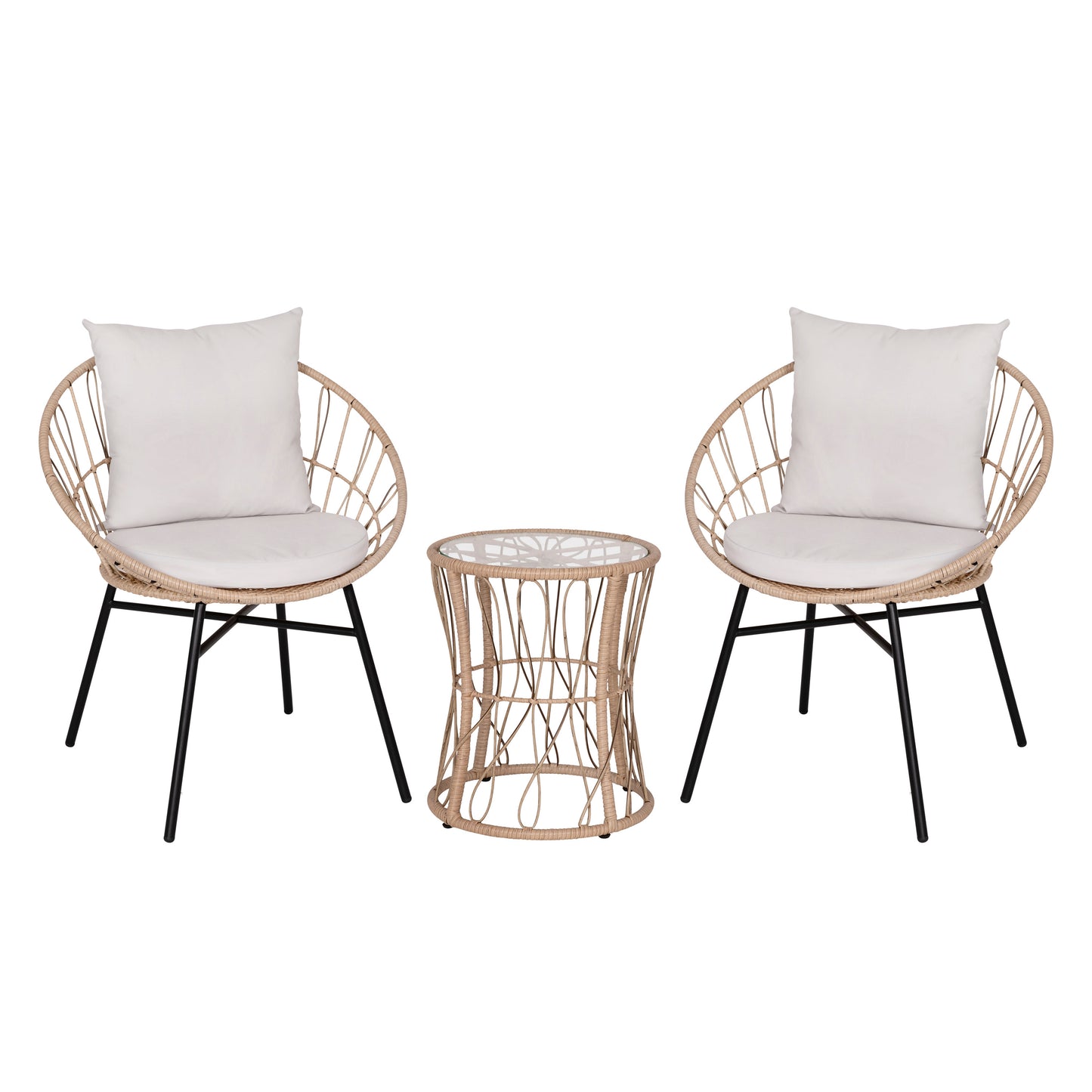 Devon 3-Piece Tan Indoor/Outdoor Bistro Set, Papasan Style Rattan Rope Chairs, Glass Top Side Table & Light Gray Cushions Light Gray Fabric/Tan Frame