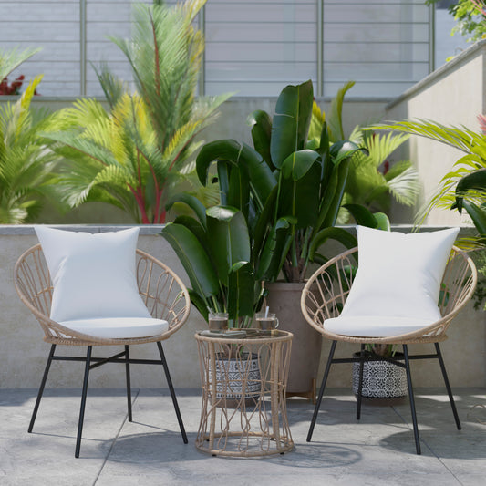 Devon 3-Piece Tan Indoor/Outdoor Bistro Set, Papasan Style Rattan Rope Chairs, Glass Top Side Table & Light Gray Cushions Light Gray Fabric/Tan Frame