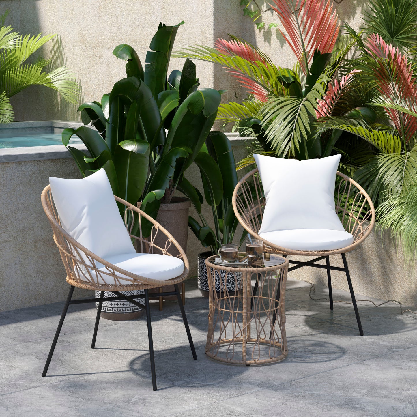 Devon 3-Piece Tan Indoor/Outdoor Bistro Set, Papasan Style Rattan Rope Chairs, Glass Top Side Table & Light Gray Cushions Light Gray Fabric/Tan Frame