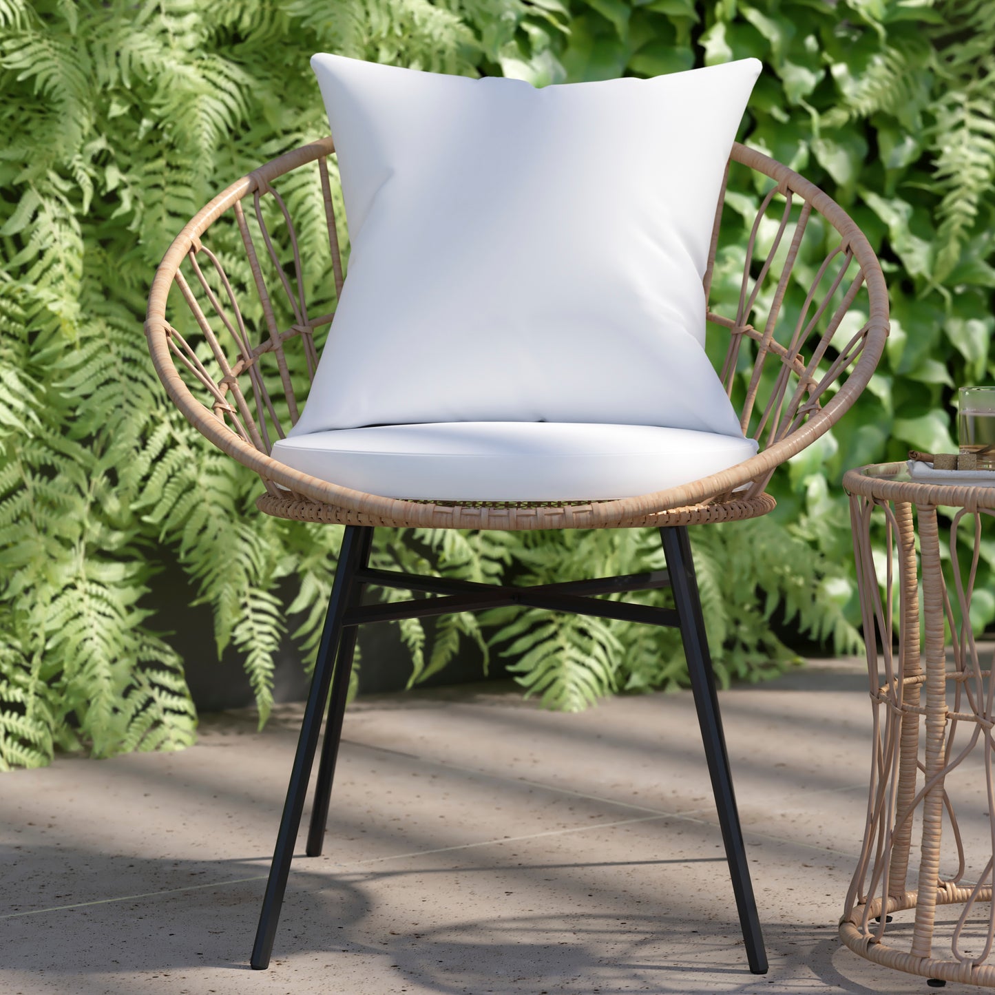 Devon 3-Piece Tan Indoor/Outdoor Bistro Set, Papasan Style Rattan Rope Chairs, Glass Top Side Table & Light Gray Cushions Light Gray Fabric/Tan Frame