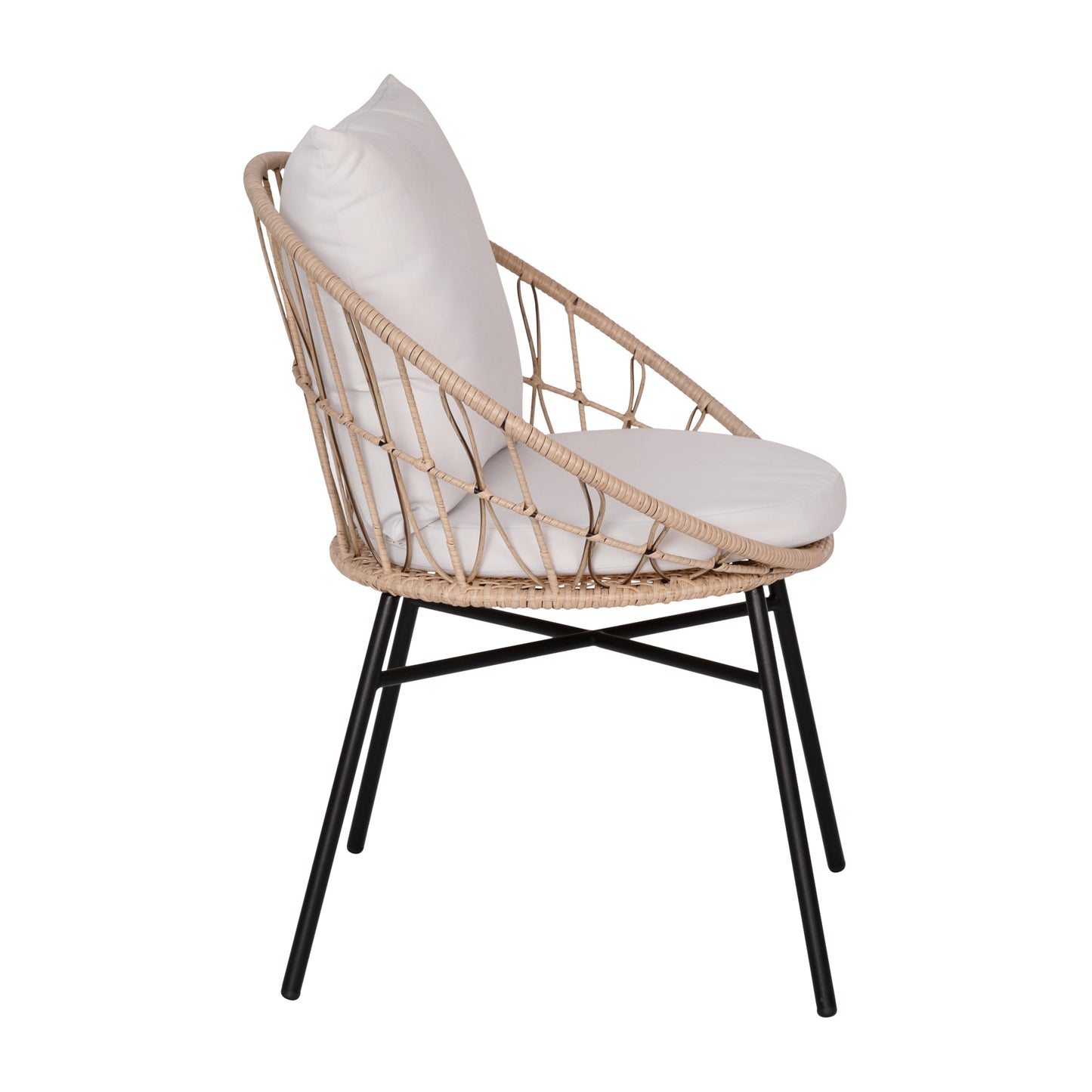 Devon 3-Piece Tan Indoor/Outdoor Bistro Set, Papasan Style Rattan Rope Chairs, Glass Top Side Table & Light Gray Cushions Light Gray Fabric/Tan Frame