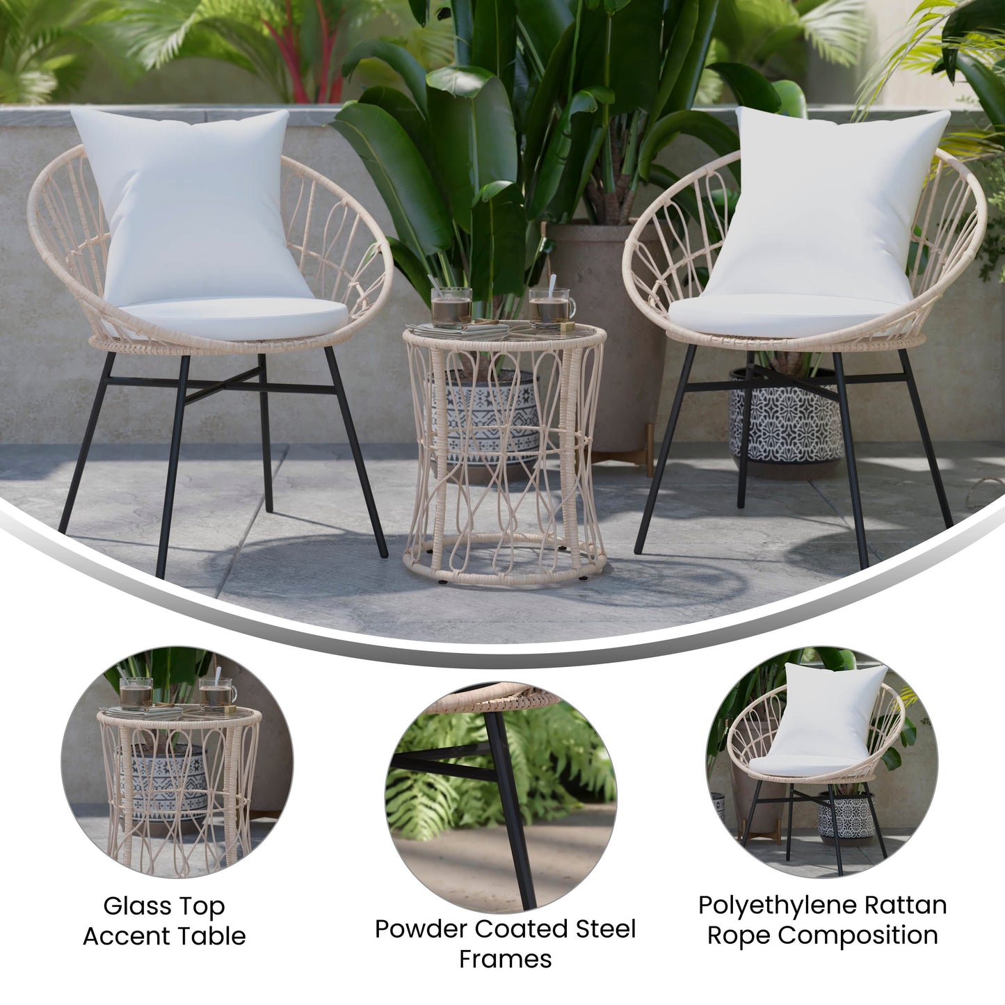 Devon 3-Piece Tan Indoor/Outdoor Bistro Set, Papasan Style Rattan Rope Chairs, Glass Top Side Table & Light Gray Cushions Light Gray Fabric/Tan Frame