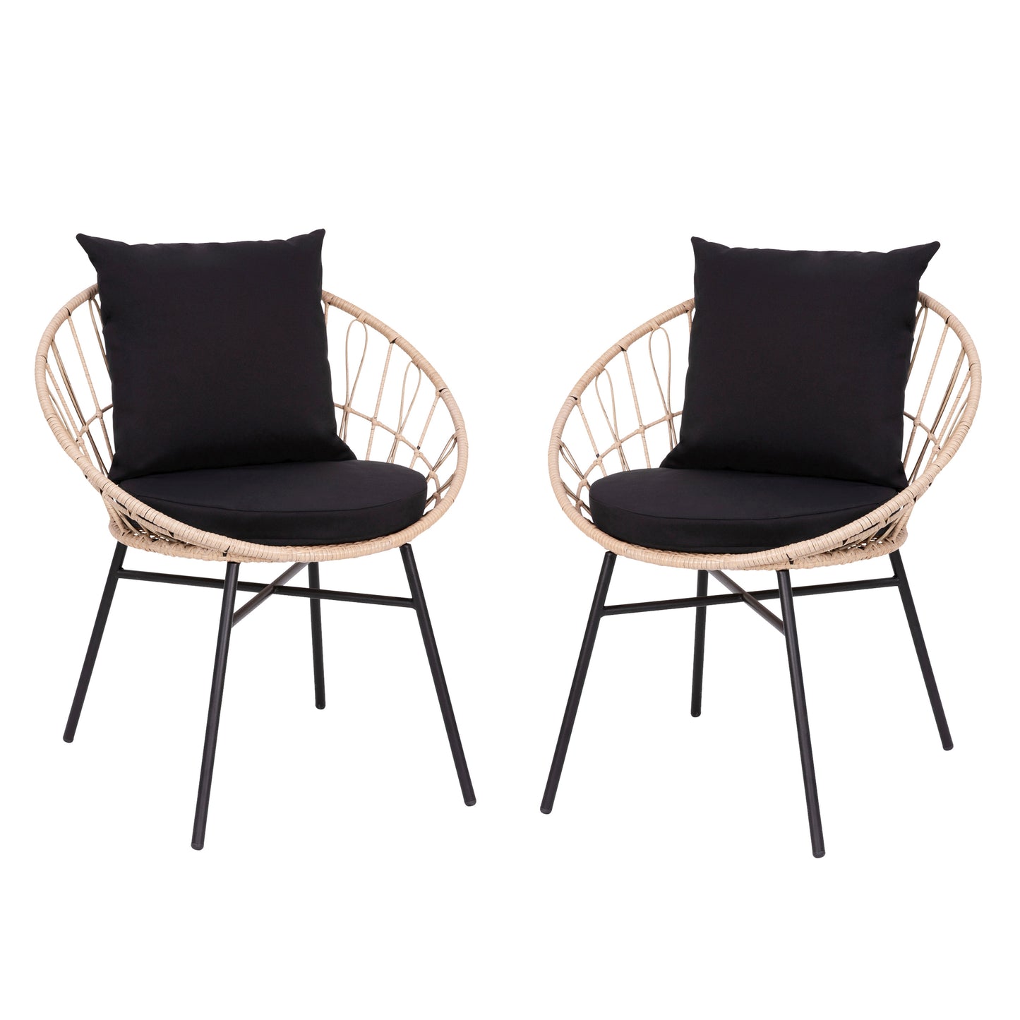 Devon Set of 2 Indoor/Outdoor Modern Papasan Patio Chairs, Rope with Tan Finish PE Wicker Rattan and Black Cushions Black Fabric/Tan Frame