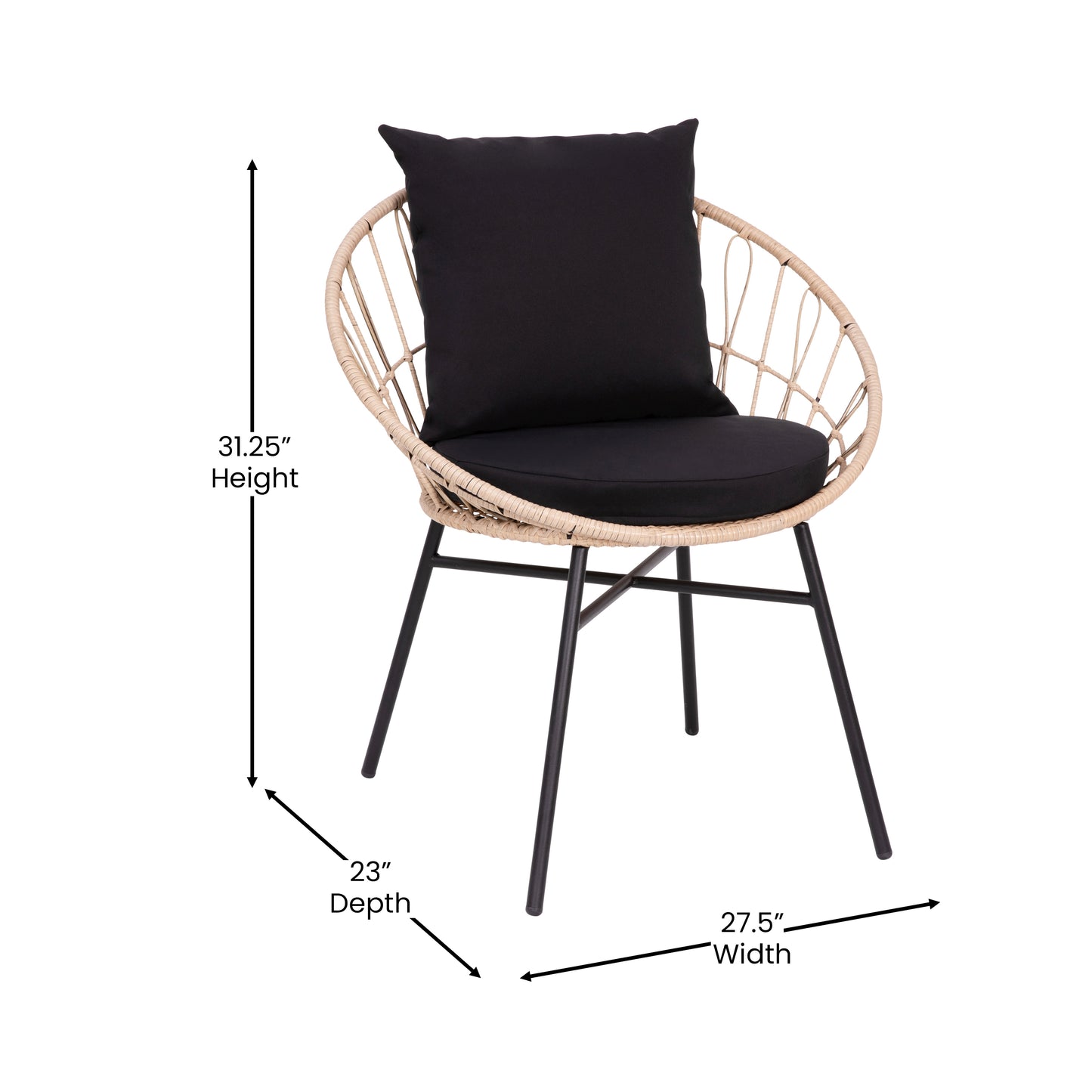 Devon Set of 2 Indoor/Outdoor Modern Papasan Patio Chairs, Rope with Tan Finish PE Wicker Rattan and Black Cushions Black Fabric/Tan Frame