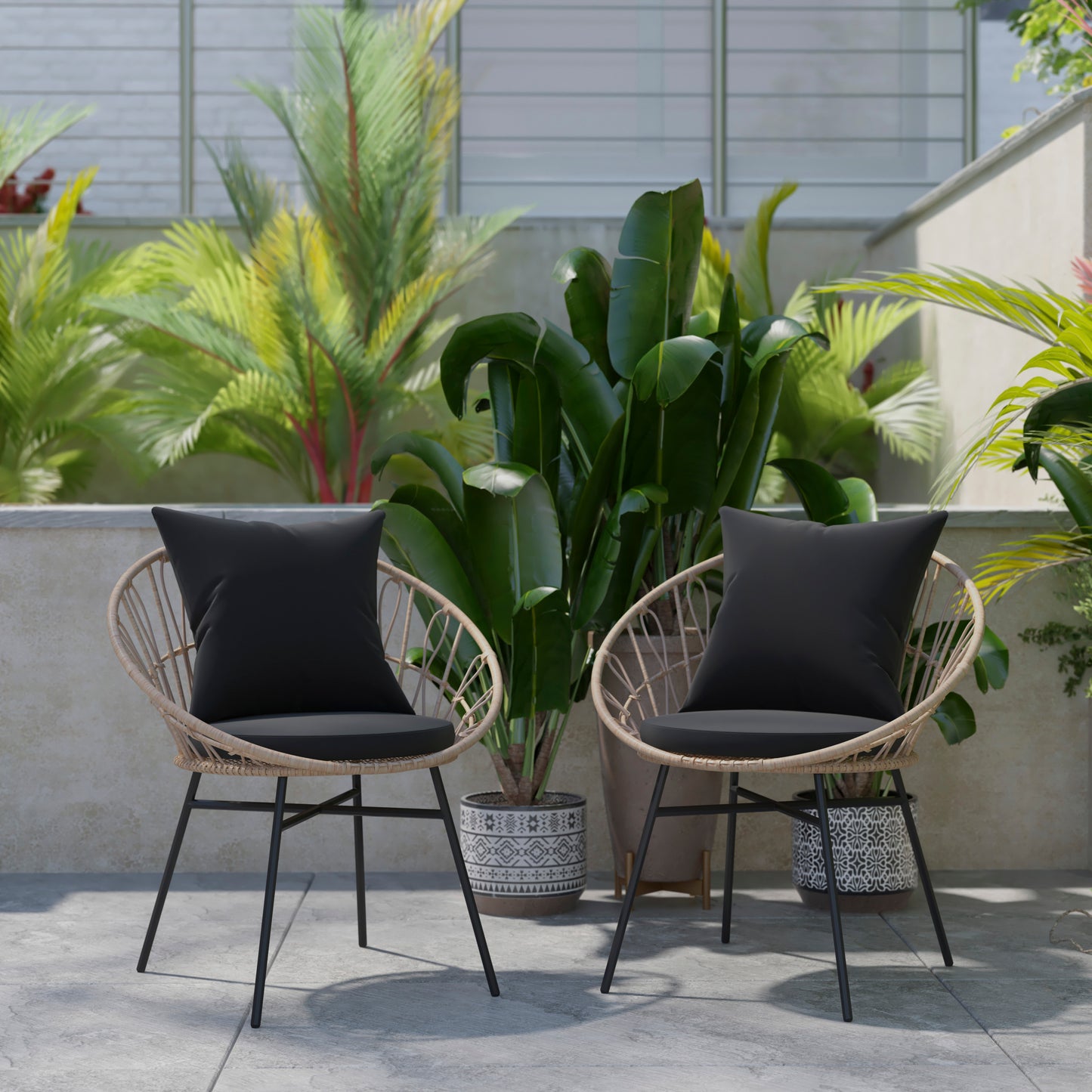 Devon Set of 2 Indoor/Outdoor Modern Papasan Patio Chairs, Rope with Tan Finish PE Wicker Rattan and Black Cushions Black Fabric/Tan Frame