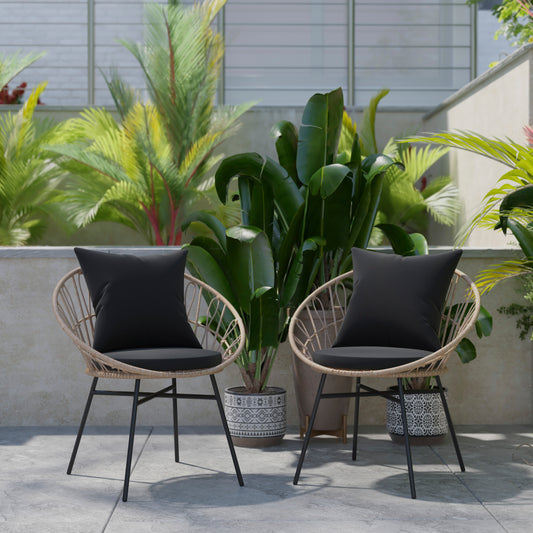 Devon Set of 2 Indoor/Outdoor Modern Papasan Patio Chairs, Rope with Tan Finish PE Wicker Rattan and Black Cushions Black Fabric/Tan Frame
