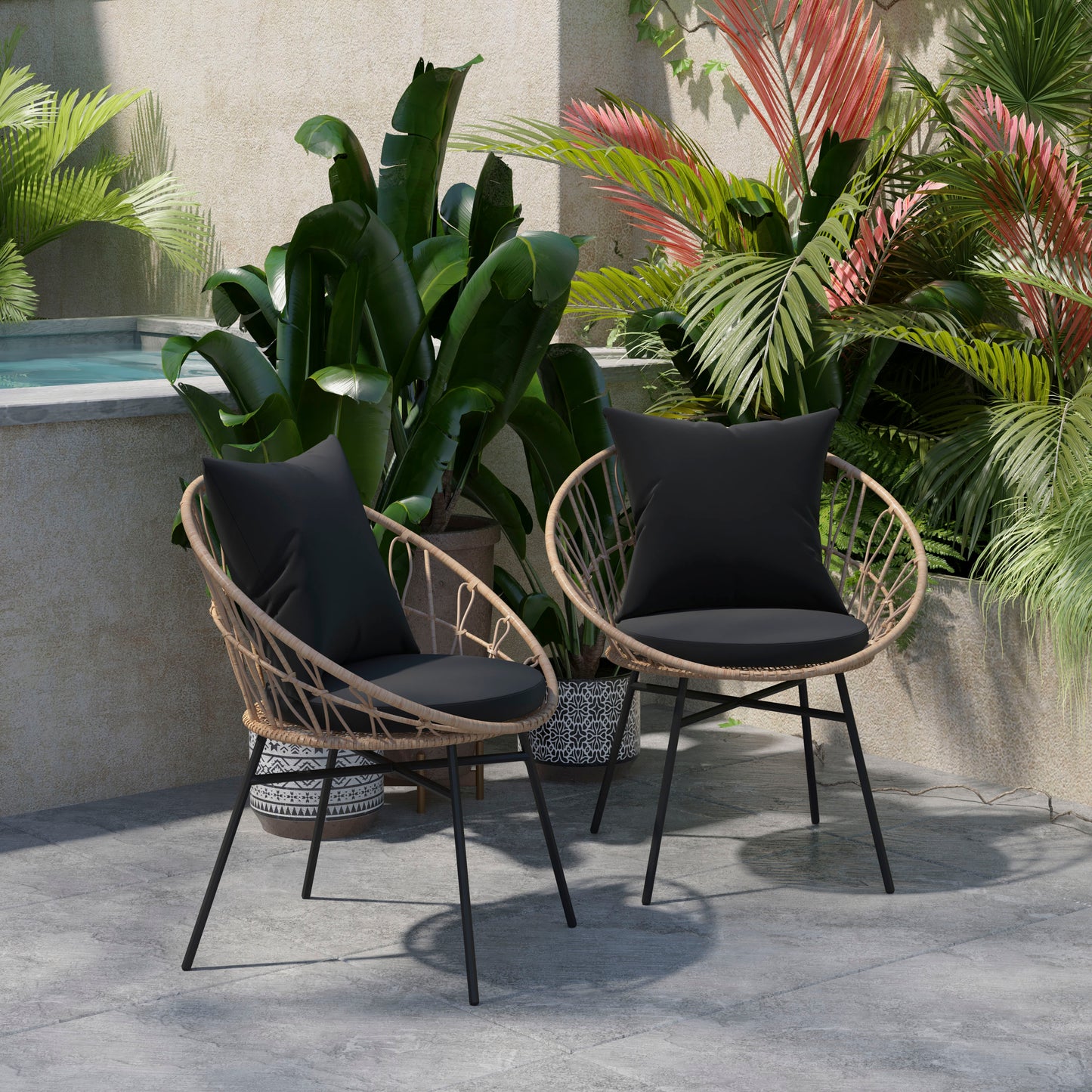 Devon Set of 2 Indoor/Outdoor Modern Papasan Patio Chairs, Rope with Tan Finish PE Wicker Rattan and Black Cushions Black Fabric/Tan Frame