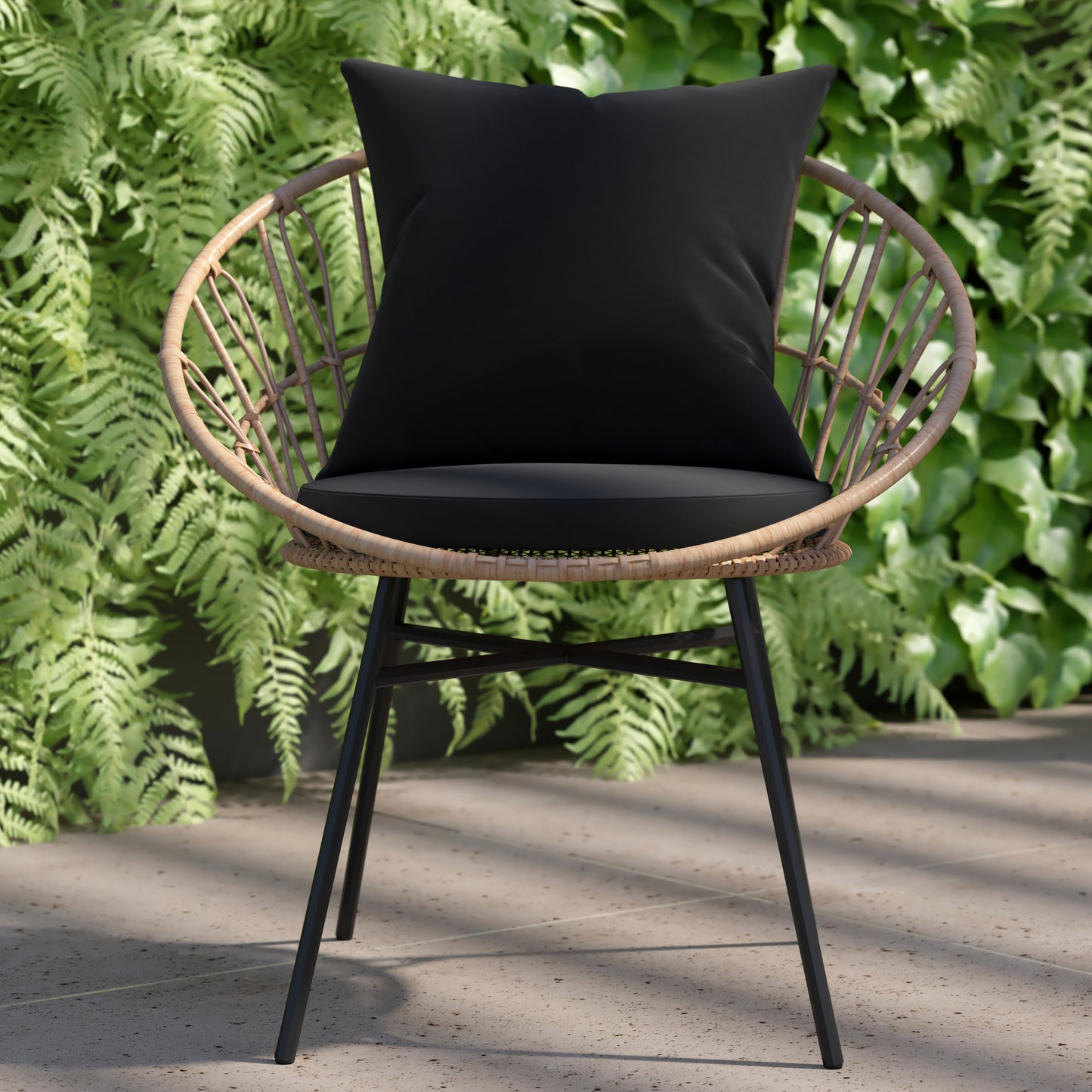 Devon Set of 2 Indoor/Outdoor Modern Papasan Patio Chairs, Rope with Tan Finish PE Wicker Rattan and Black Cushions Black Fabric/Tan Frame
