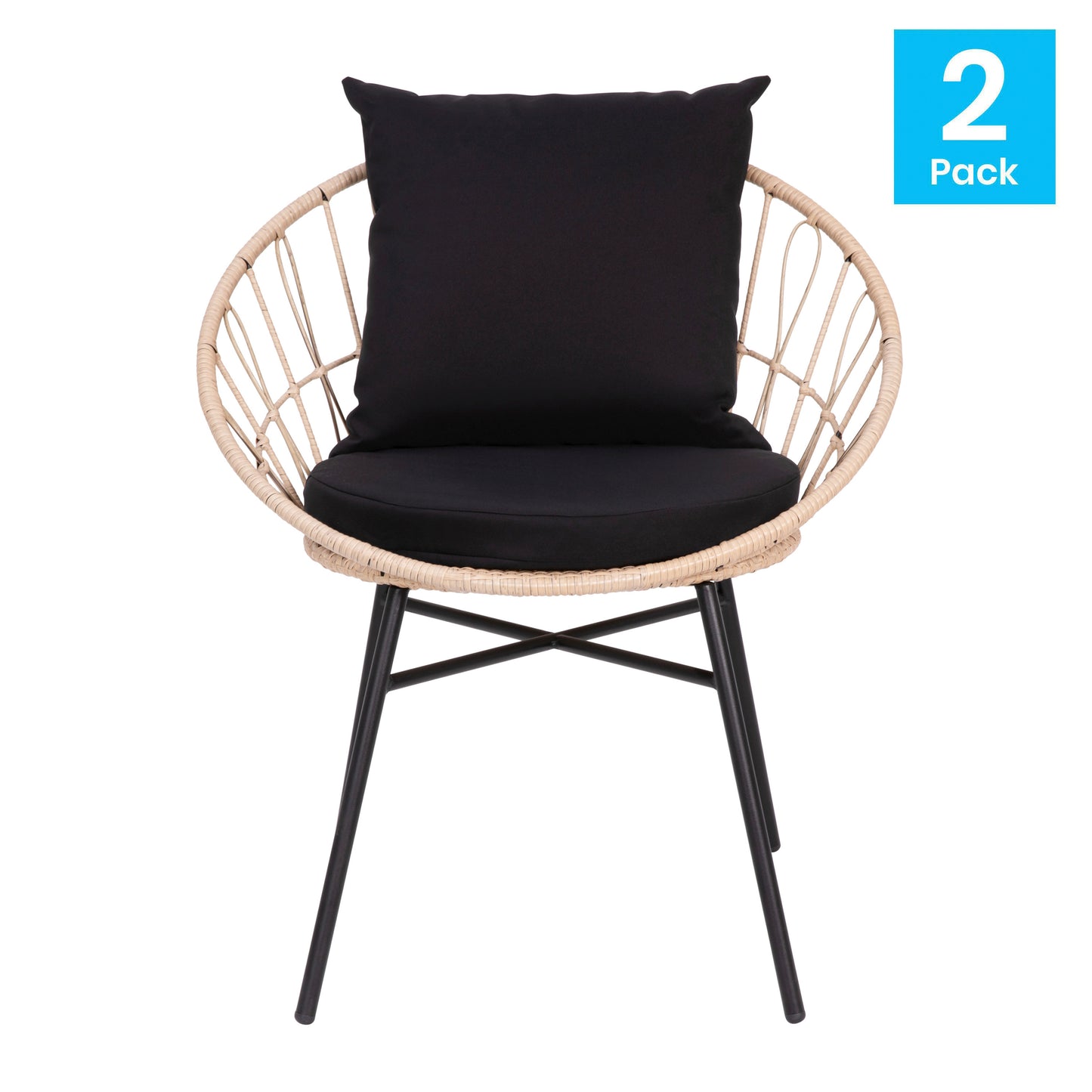 Devon Set of 2 Indoor/Outdoor Modern Papasan Patio Chairs, Rope with Tan Finish PE Wicker Rattan and Black Cushions Black Fabric/Tan Frame
