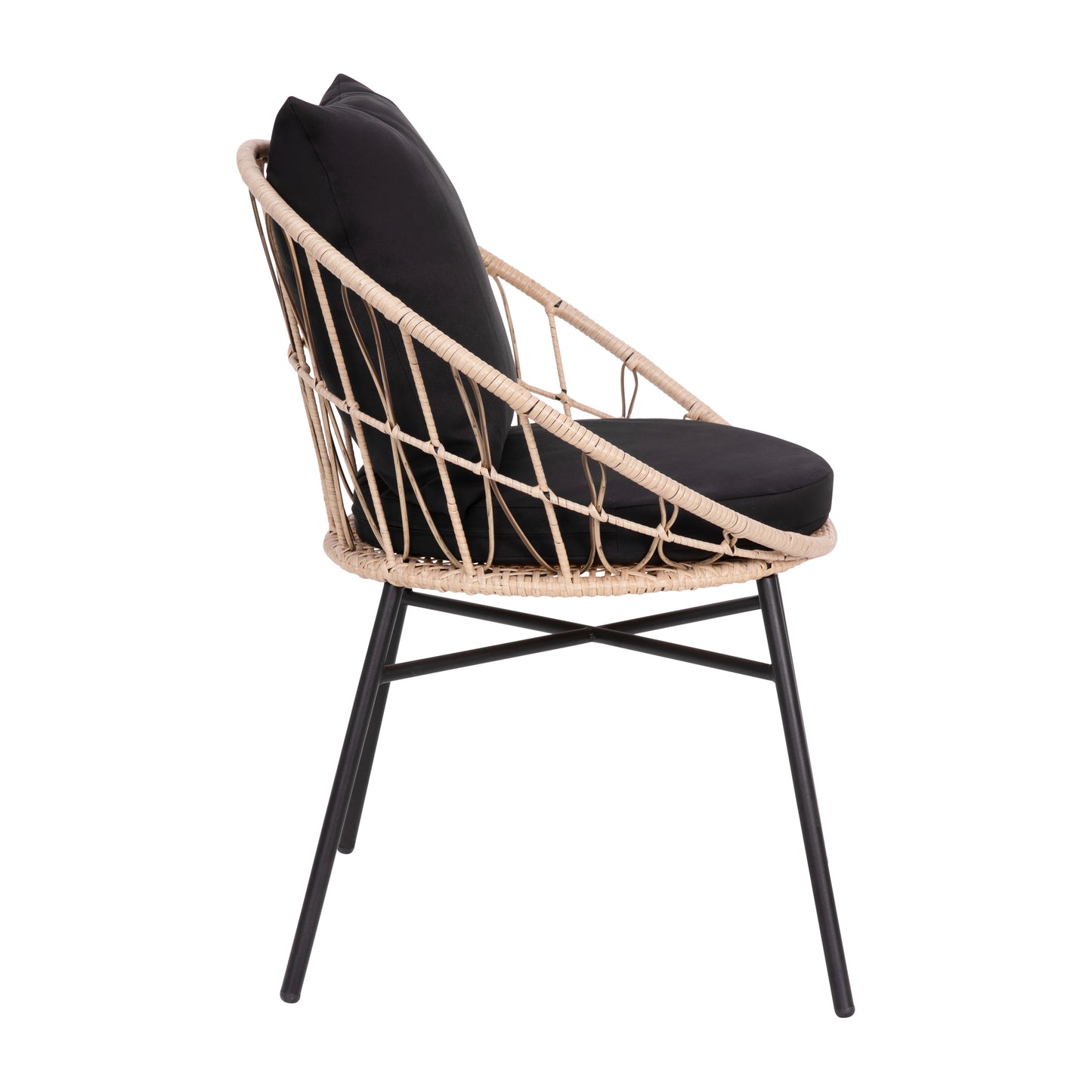Devon Set of 2 Indoor/Outdoor Modern Papasan Patio Chairs, Rope with Tan Finish PE Wicker Rattan and Black Cushions Black Fabric/Tan Frame