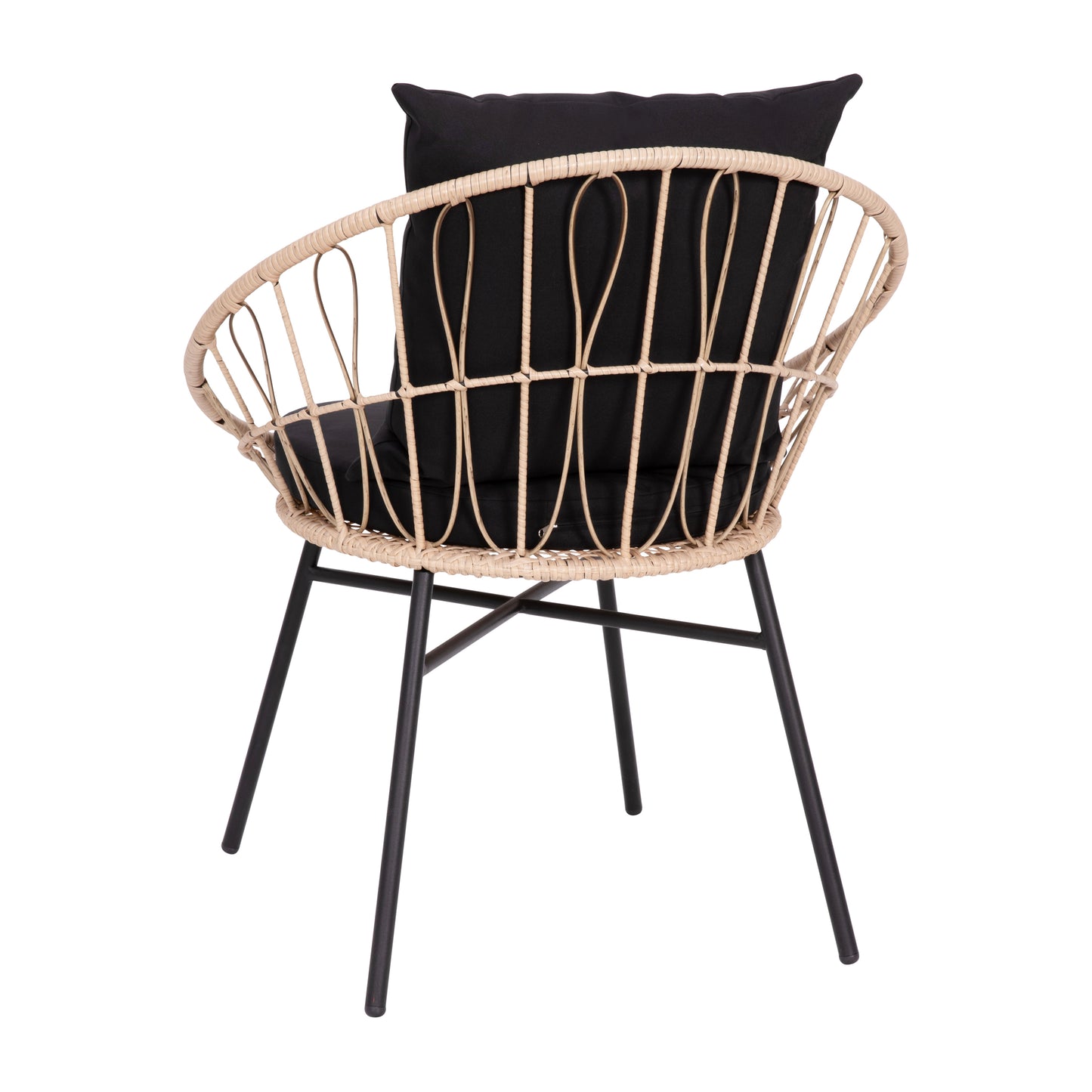 Devon Set of 2 Indoor/Outdoor Modern Papasan Patio Chairs, Rope with Tan Finish PE Wicker Rattan and Black Cushions Black Fabric/Tan Frame