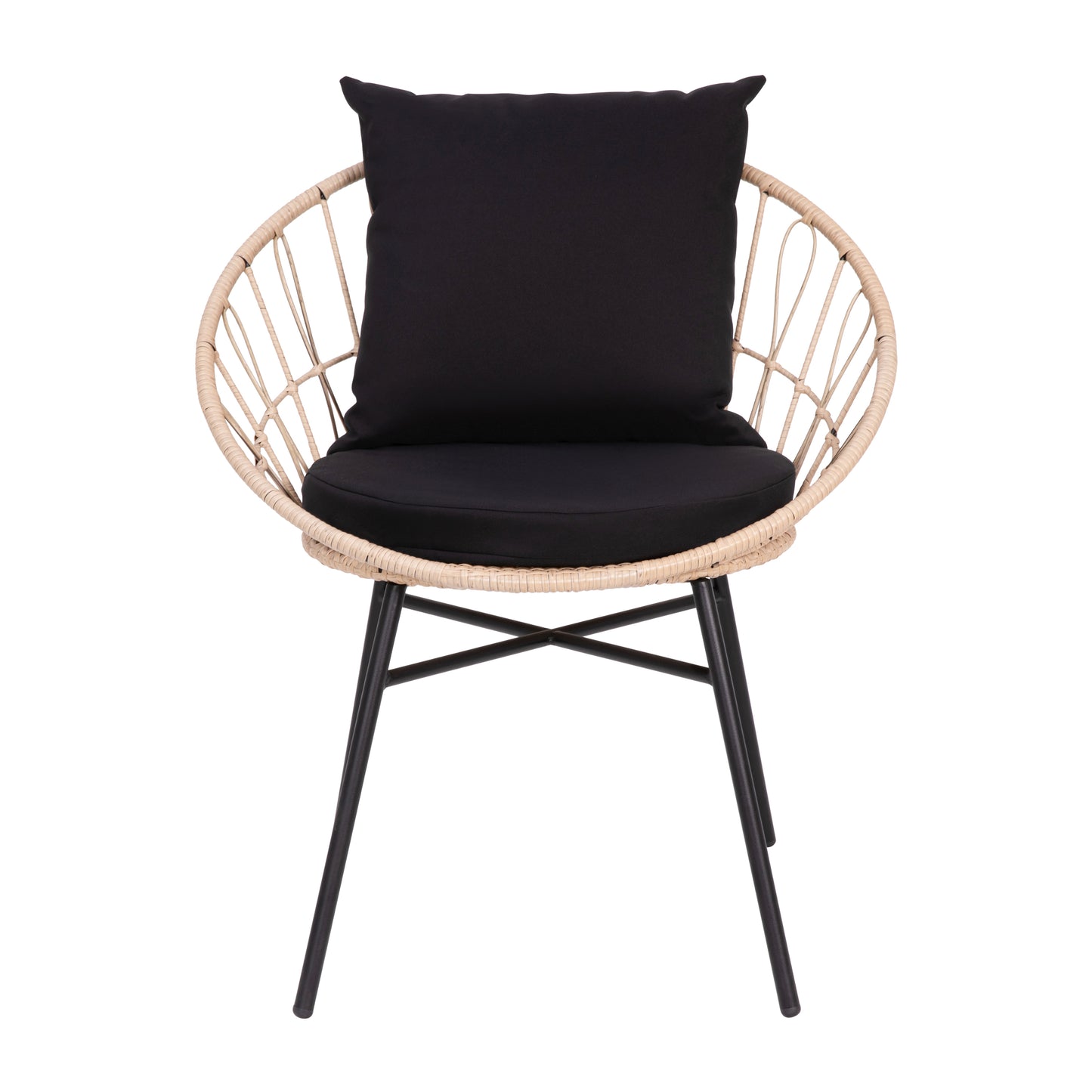 Devon Set of 2 Indoor/Outdoor Modern Papasan Patio Chairs, Rope with Tan Finish PE Wicker Rattan and Black Cushions Black Fabric/Tan Frame