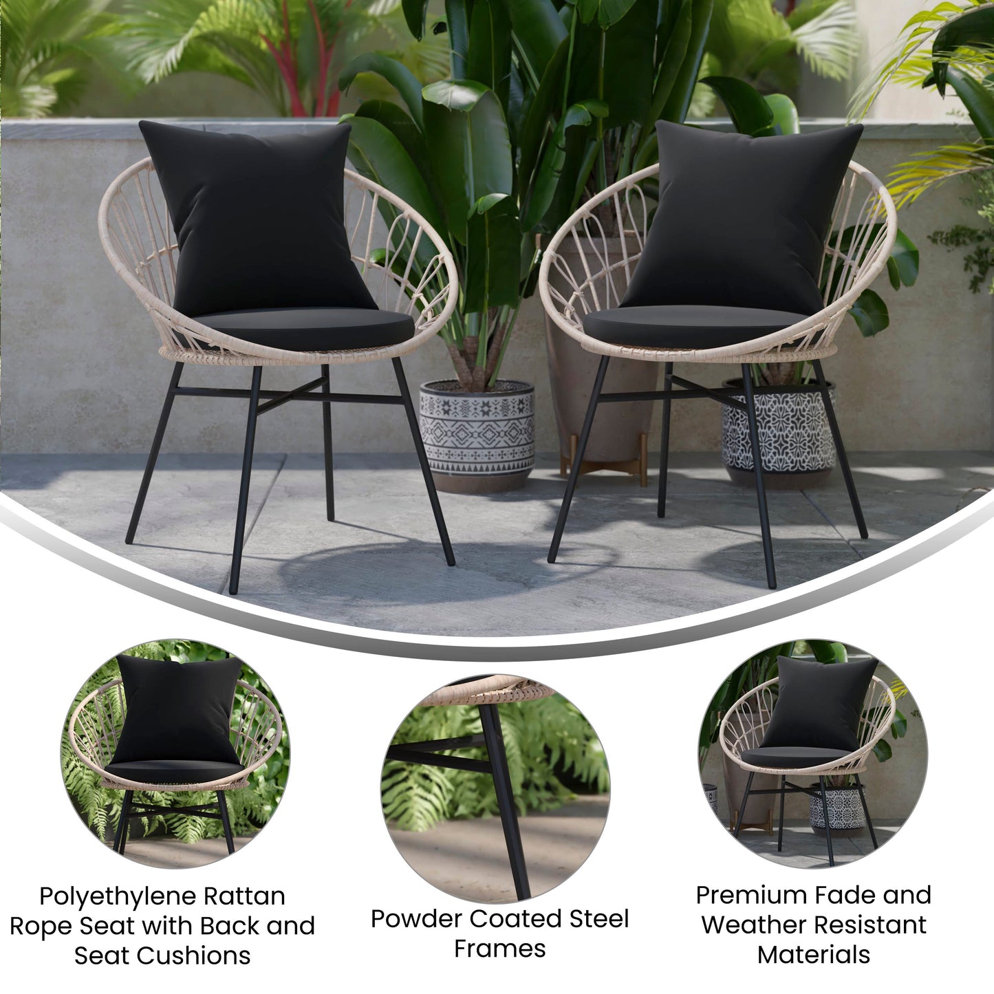 Devon Set of 2 Indoor/Outdoor Modern Papasan Patio Chairs, Rope with Tan Finish PE Wicker Rattan and Black Cushions Black Fabric/Tan Frame
