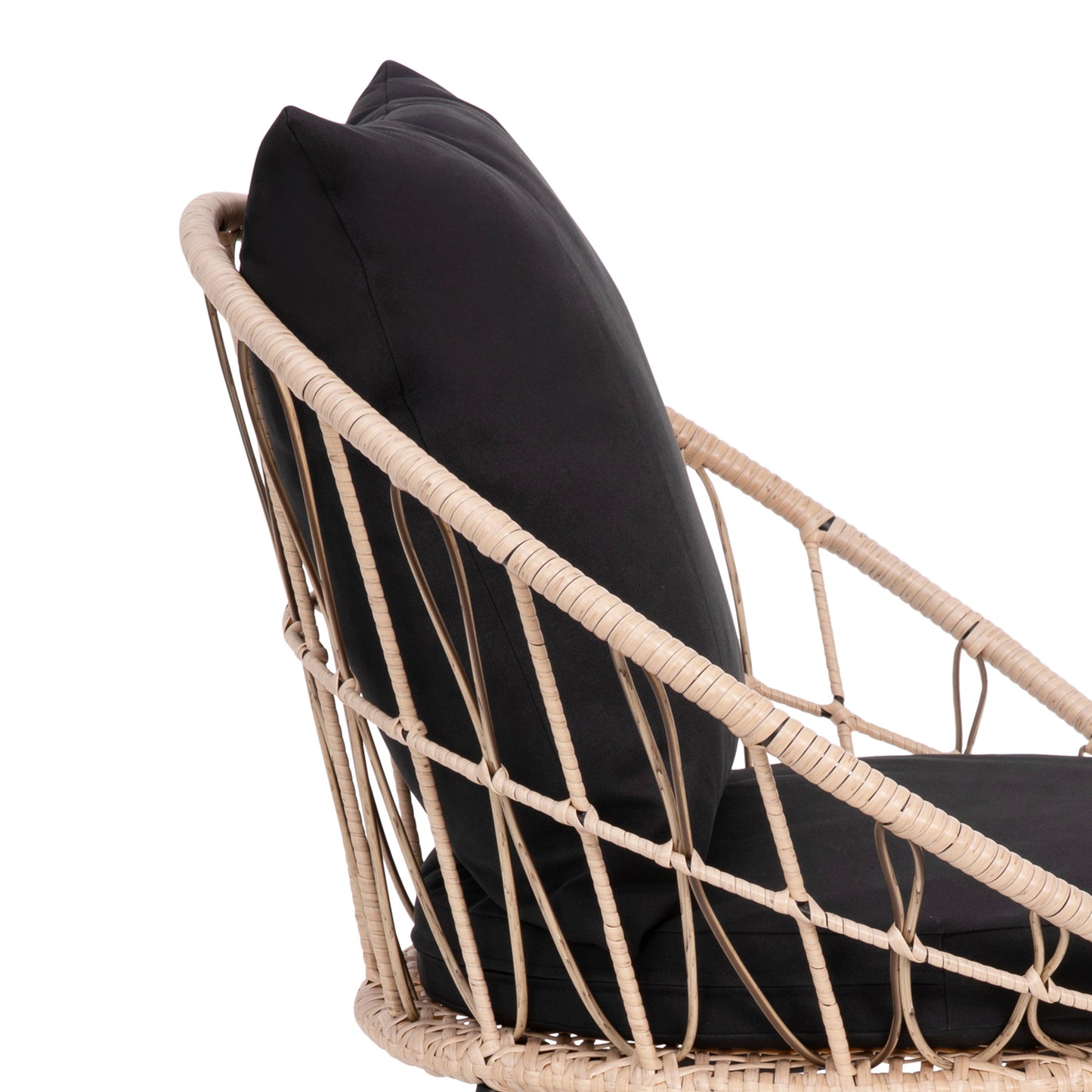 Devon Set of 2 Indoor/Outdoor Modern Papasan Patio Chairs, Rope with Tan Finish PE Wicker Rattan and Black Cushions Black Fabric/Tan Frame