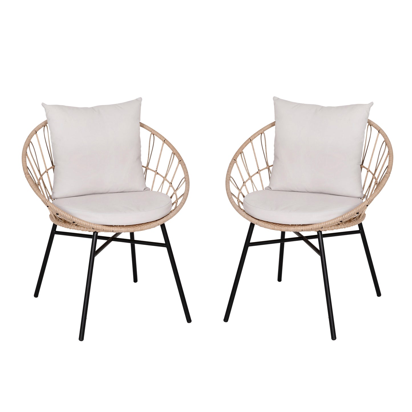 Devon Set of 2 Indoor/Outdoor Modern Papasan Patio Chairs, Rope with Tan Finish PE Wicker Rattan and Light Gray Cushions Light Gray Fabric/Tan Frame