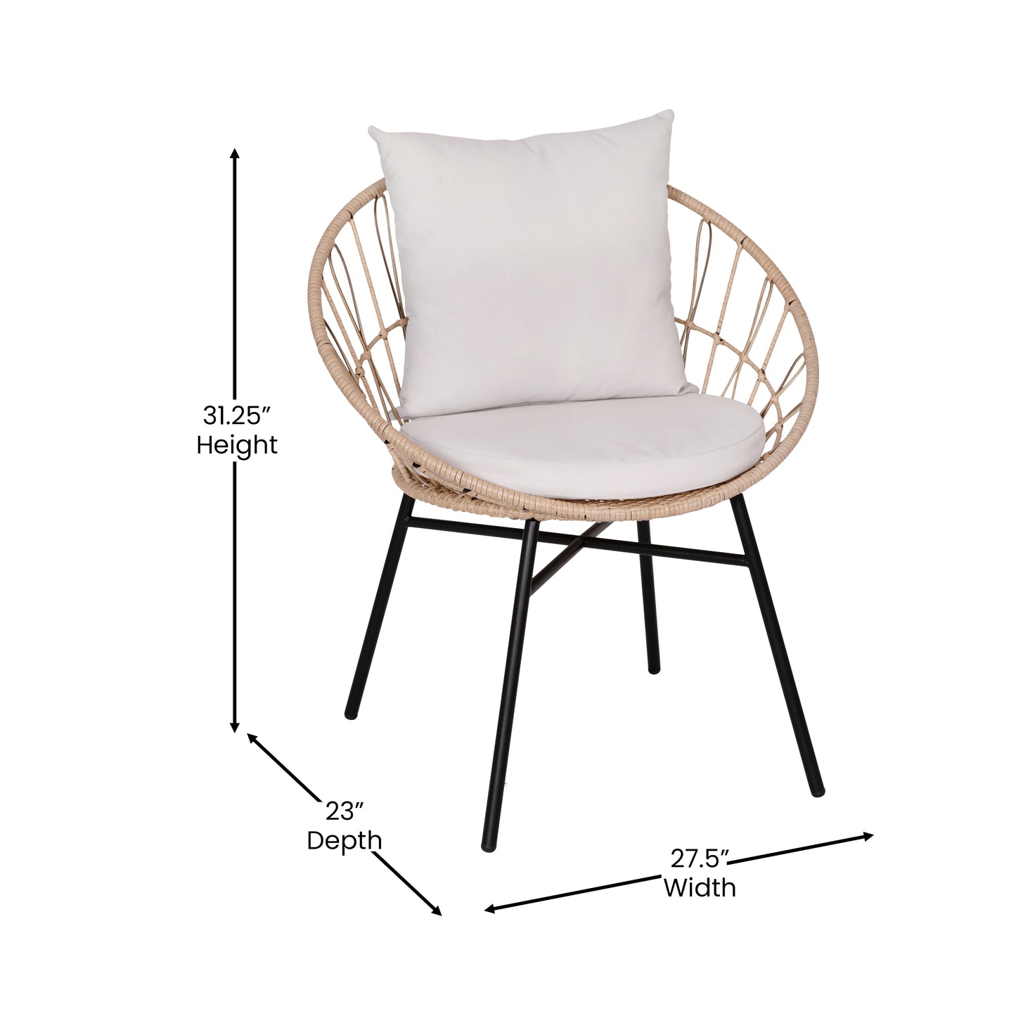 Devon Set of 2 Indoor/Outdoor Modern Papasan Patio Chairs, Rope with Tan Finish PE Wicker Rattan and Light Gray Cushions Light Gray Fabric/Tan Frame