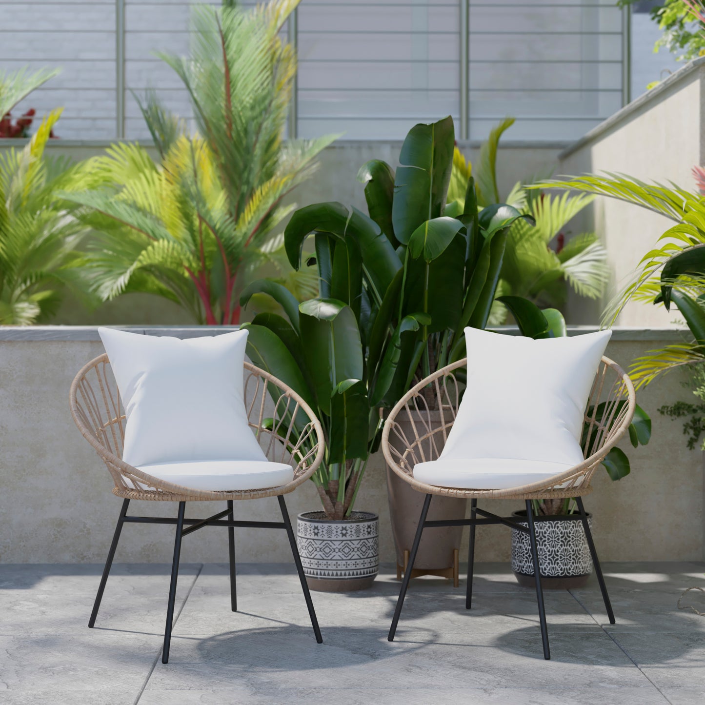 Devon Set of 2 Indoor/Outdoor Modern Papasan Patio Chairs, Rope with Tan Finish PE Wicker Rattan and Light Gray Cushions Light Gray Fabric/Tan Frame
