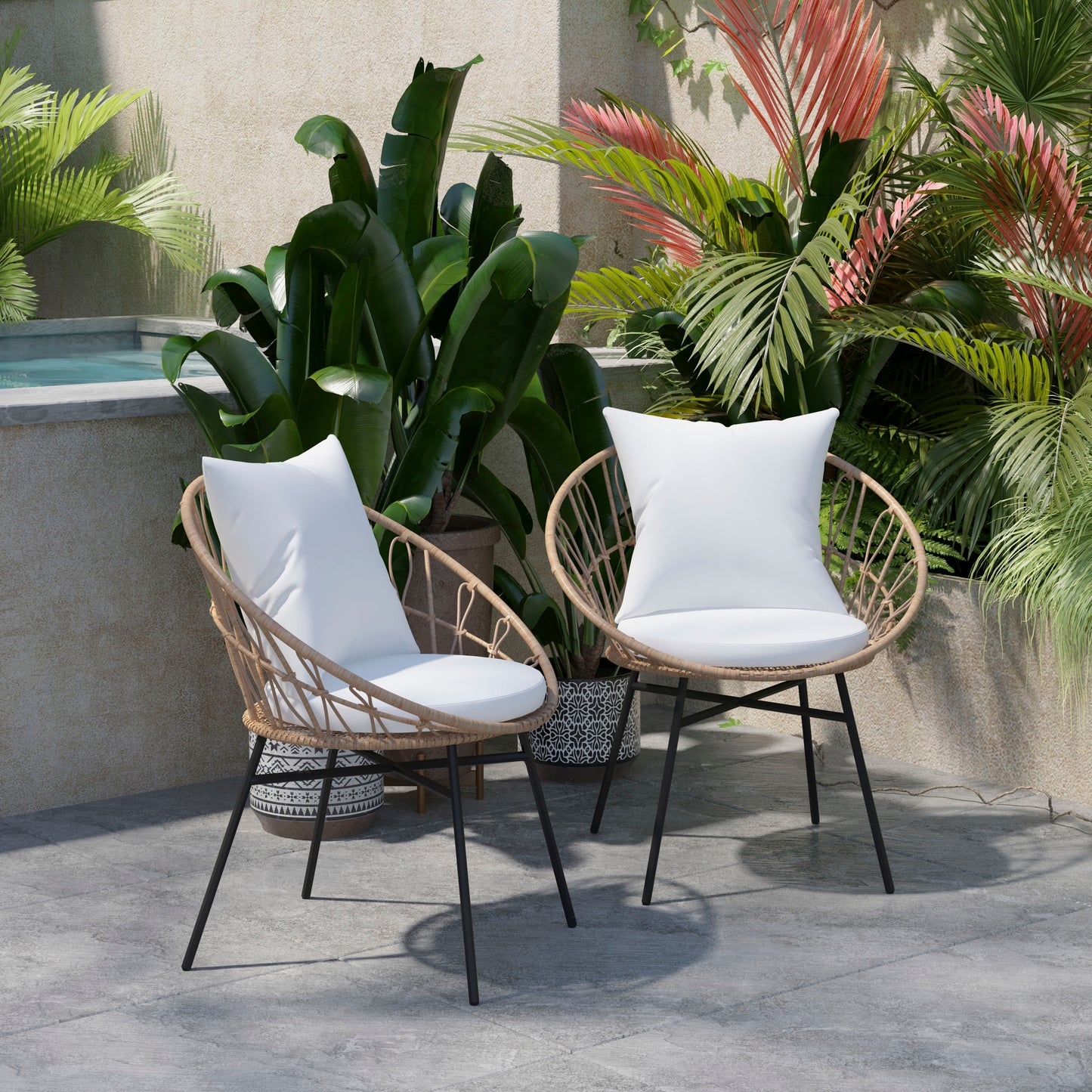 Devon Set of 2 Indoor/Outdoor Modern Papasan Patio Chairs, Rope with Tan Finish PE Wicker Rattan and Light Gray Cushions Light Gray Fabric/Tan Frame