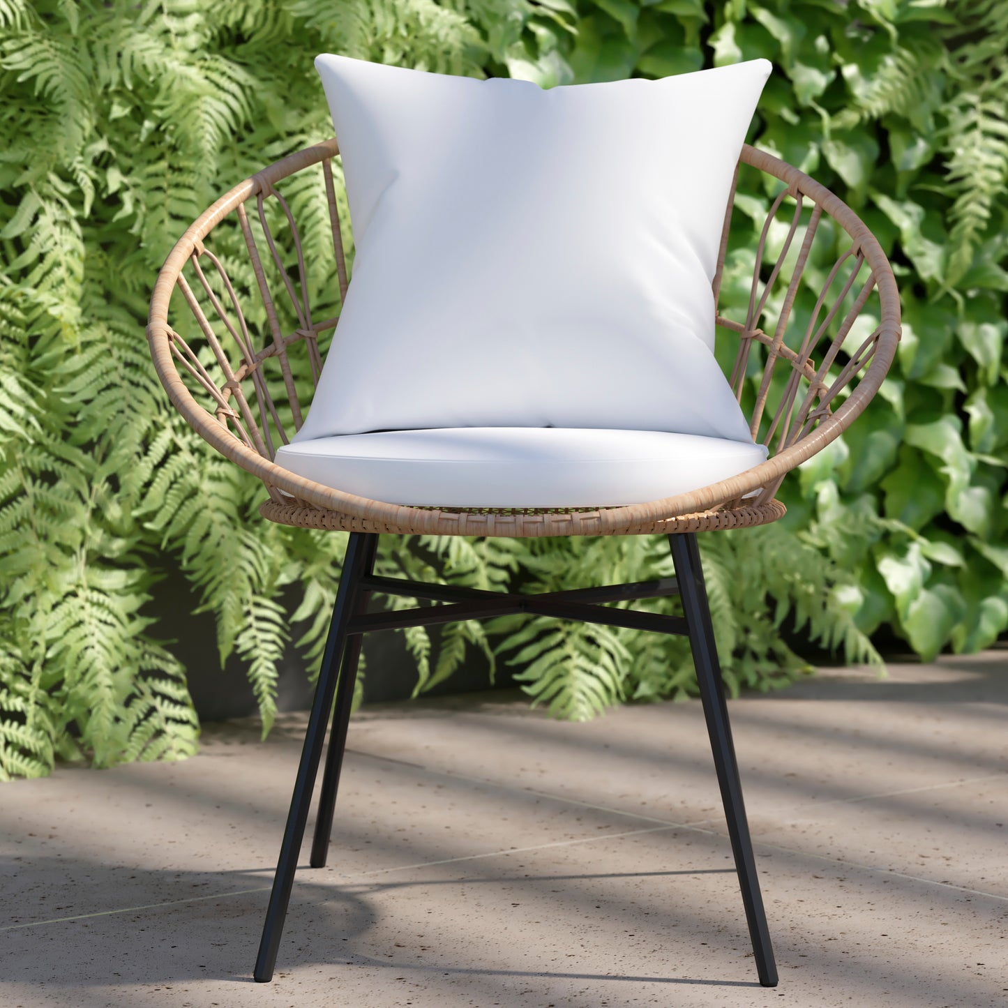 Devon Set of 2 Indoor/Outdoor Modern Papasan Patio Chairs, Rope with Tan Finish PE Wicker Rattan and Light Gray Cushions Light Gray Fabric/Tan Frame