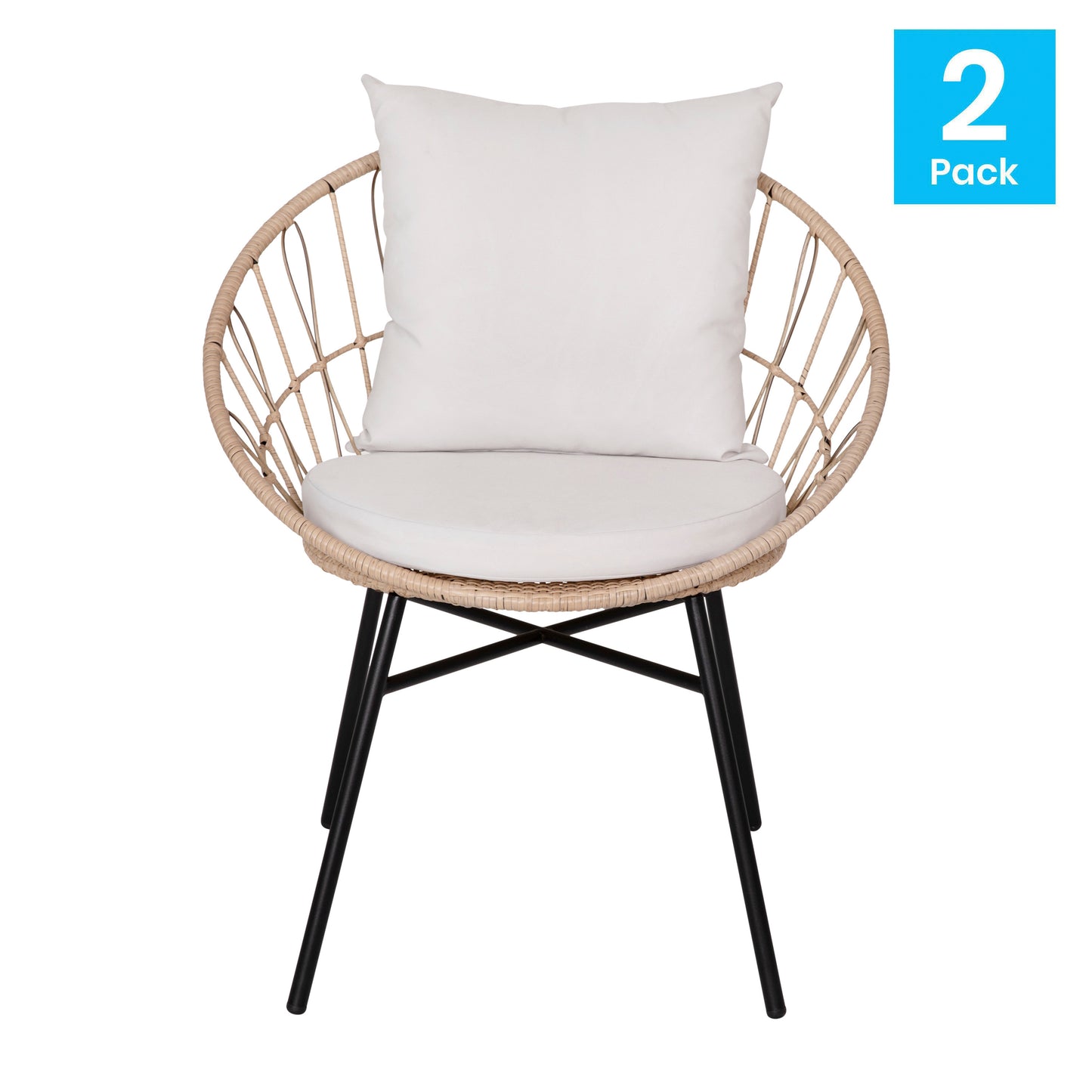 Devon Set of 2 Indoor/Outdoor Modern Papasan Patio Chairs, Rope with Tan Finish PE Wicker Rattan and Light Gray Cushions Light Gray Fabric/Tan Frame