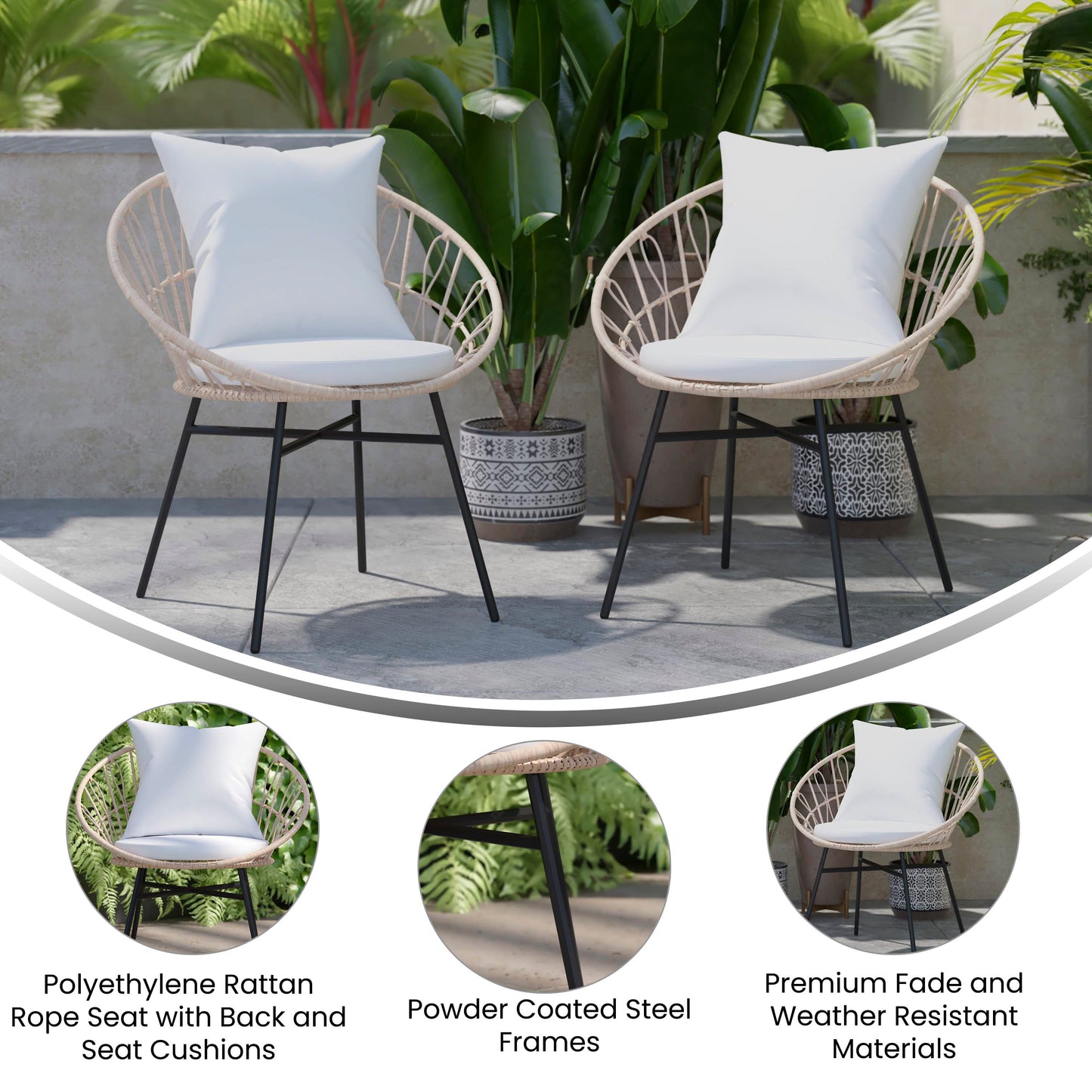 Devon Set of 2 Indoor/Outdoor Modern Papasan Patio Chairs, Rope with Tan Finish PE Wicker Rattan and Light Gray Cushions Light Gray Fabric/Tan Frame