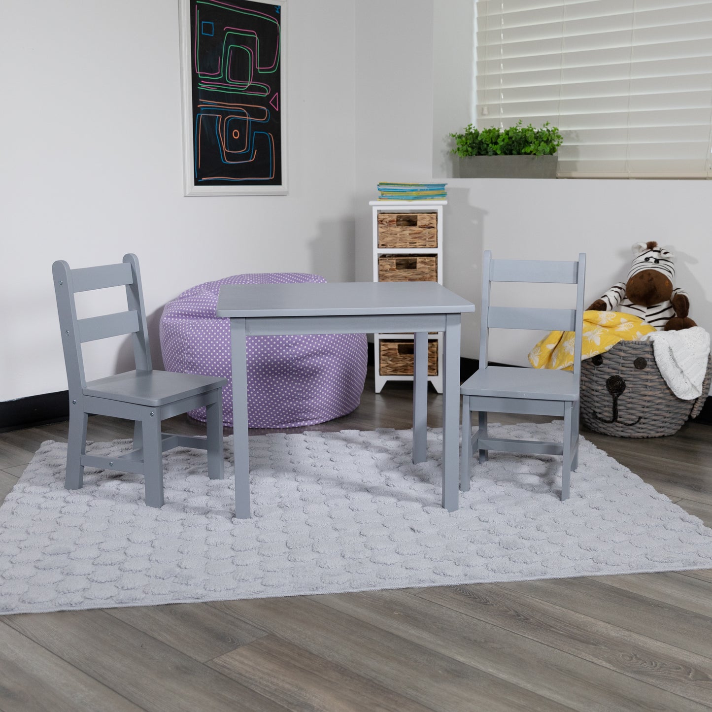 Kyndl Kids Solid Hardwood Table and Chair Set for Playroom, Bedroom, Kitchen - 3 Piece Set - Gray Gray