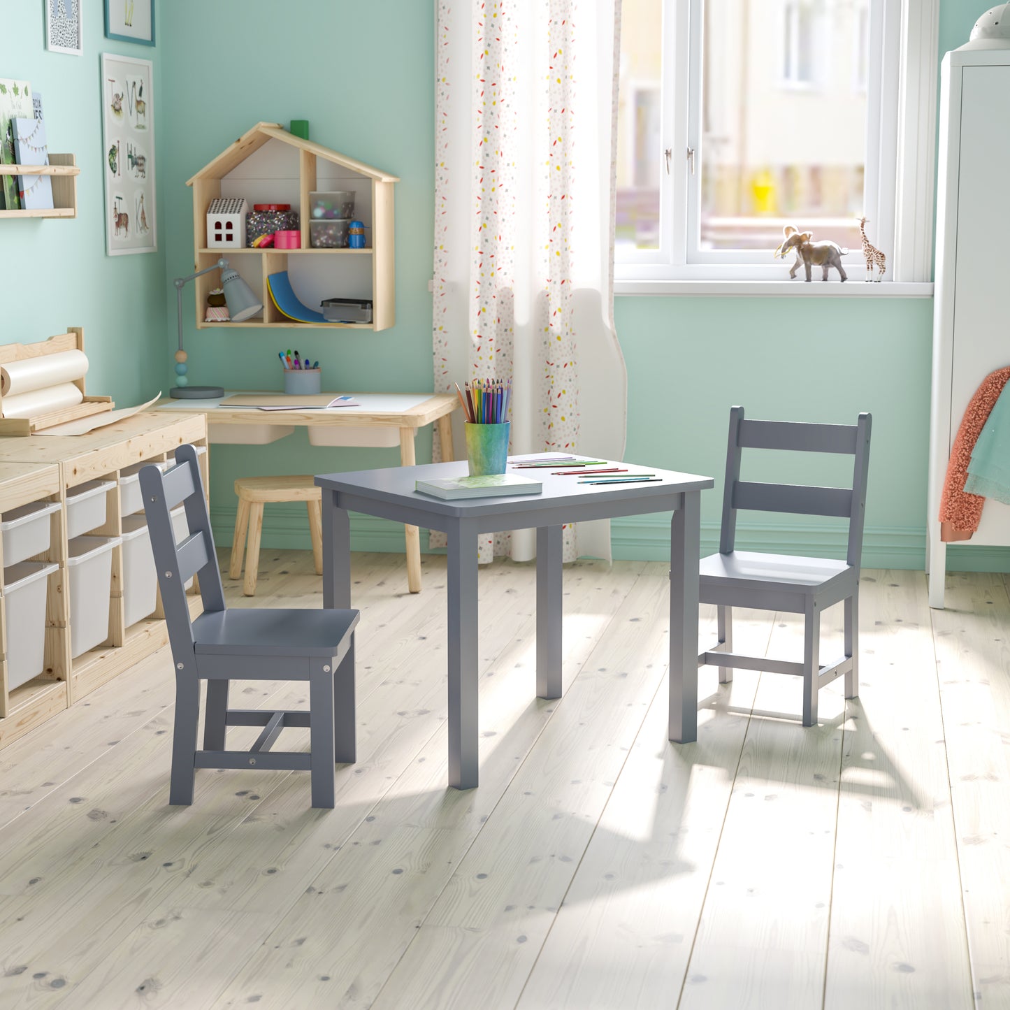 Kyndl Kids Solid Hardwood Table and Chair Set for Playroom, Bedroom, Kitchen - 3 Piece Set - Gray Gray
