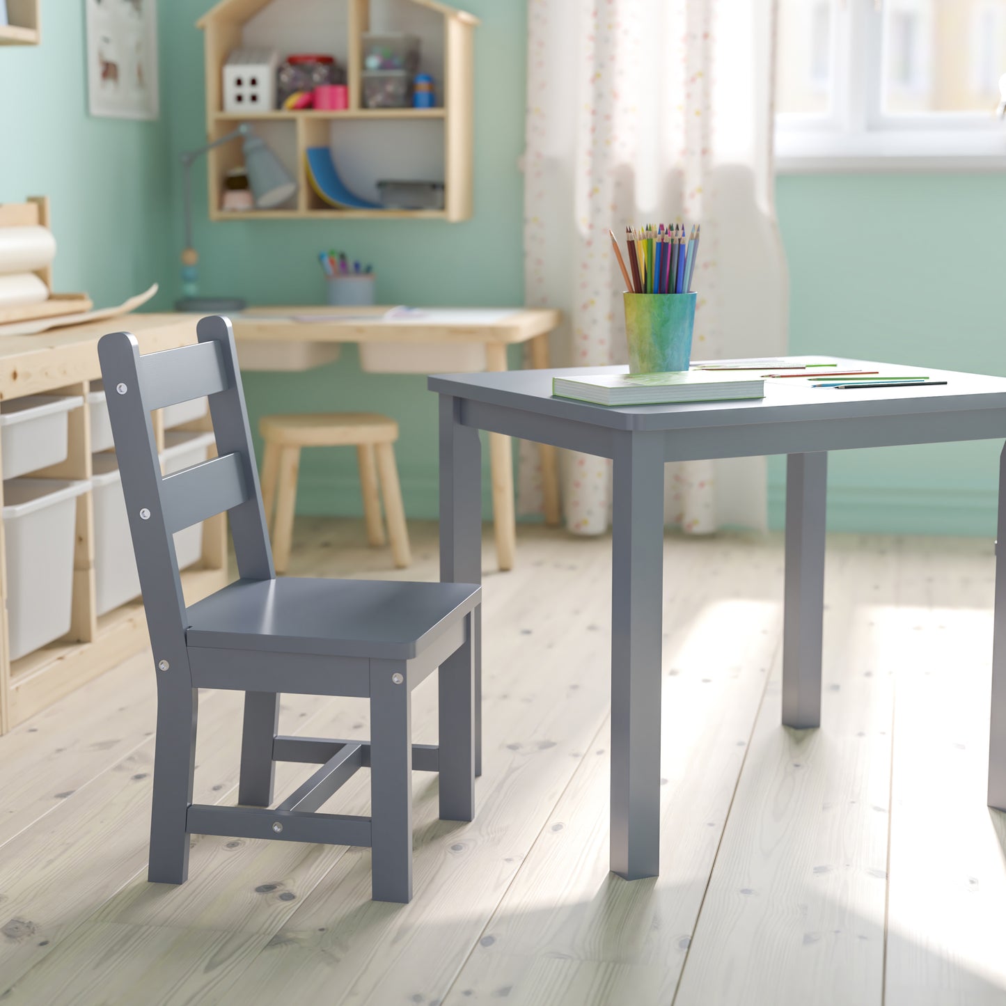Kyndl Kids Solid Hardwood Table and Chair Set for Playroom, Bedroom, Kitchen - 3 Piece Set - Gray Gray