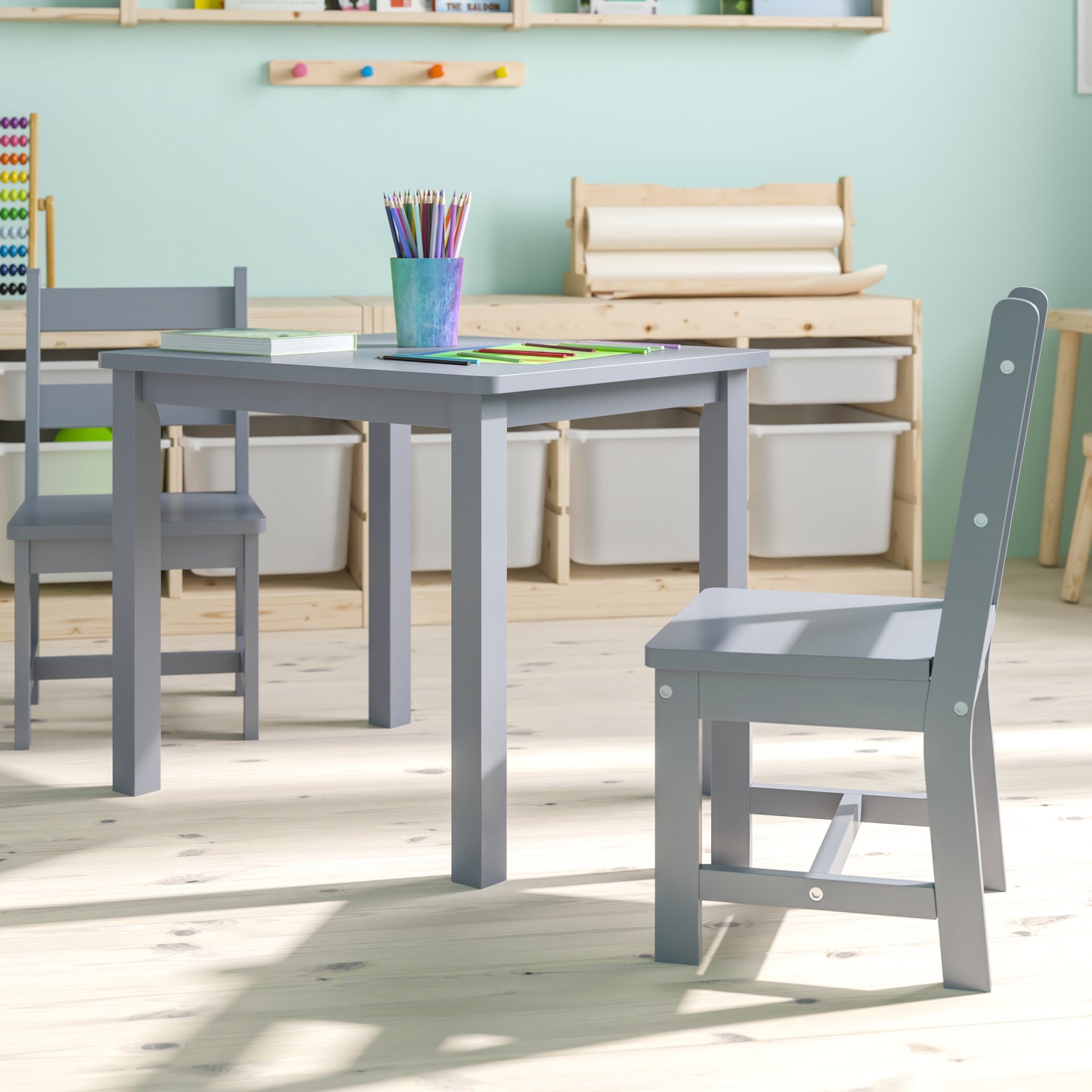 Kyndl Kids Solid Hardwood Table and Chair Set for Playroom, Bedroom, Kitchen - 3 Piece Set - Gray Gray