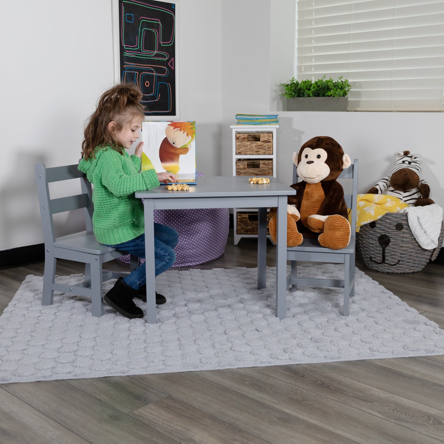 Kyndl Kids Solid Hardwood Table and Chair Set for Playroom, Bedroom, Kitchen - 3 Piece Set - Gray Gray