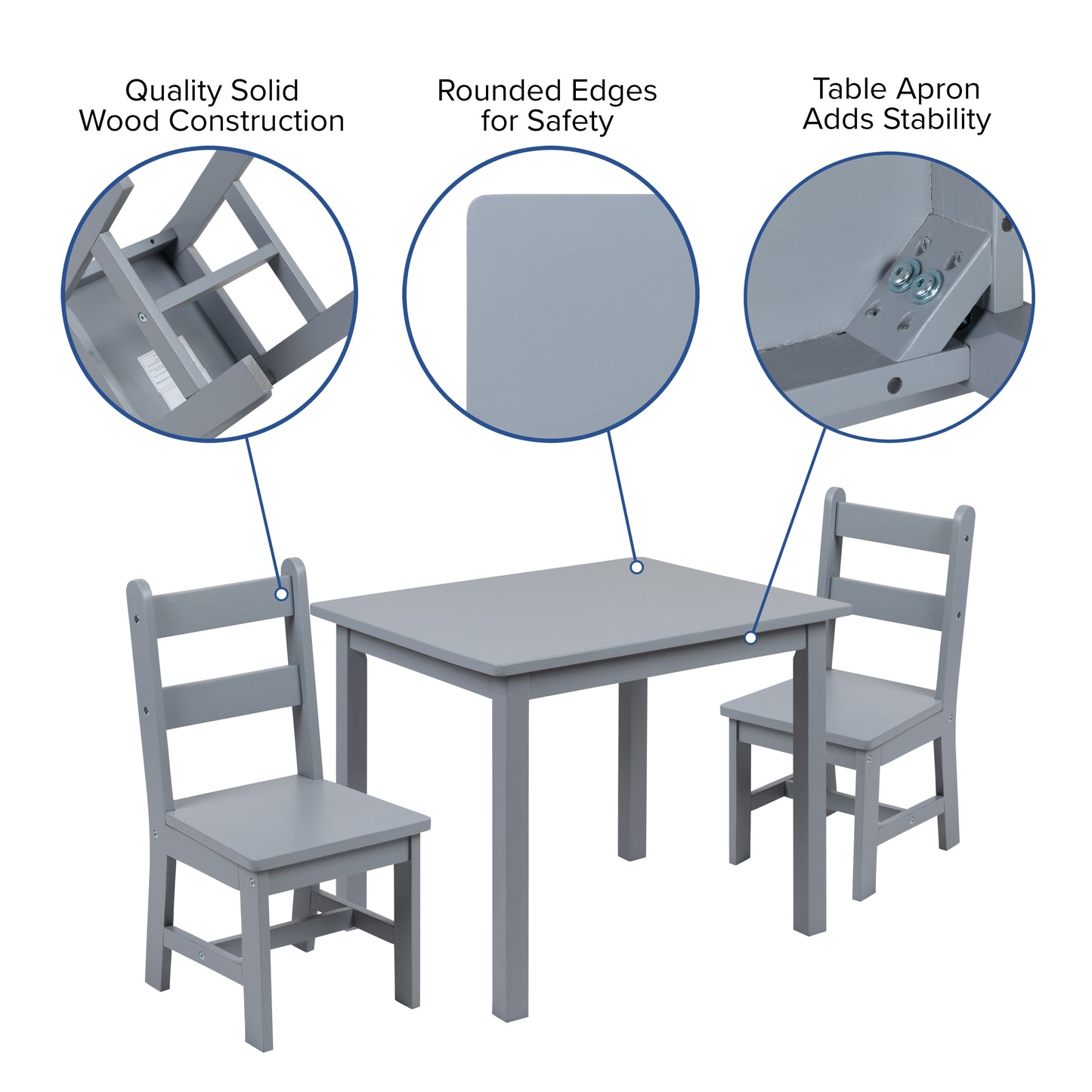 Kyndl Kids Solid Hardwood Table and Chair Set for Playroom, Bedroom, Kitchen - 3 Piece Set - Gray Gray