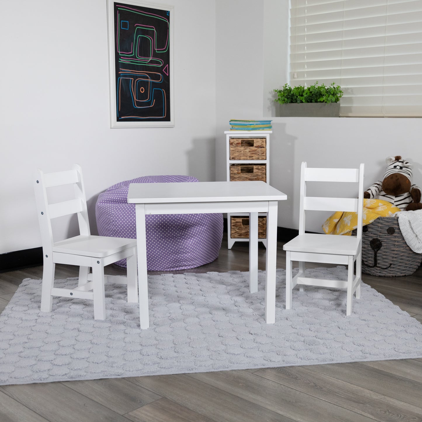Kyndl Kids Solid Hardwood Table and Chair Set for Playroom, Bedroom, Kitchen - 3 Piece Set - White White