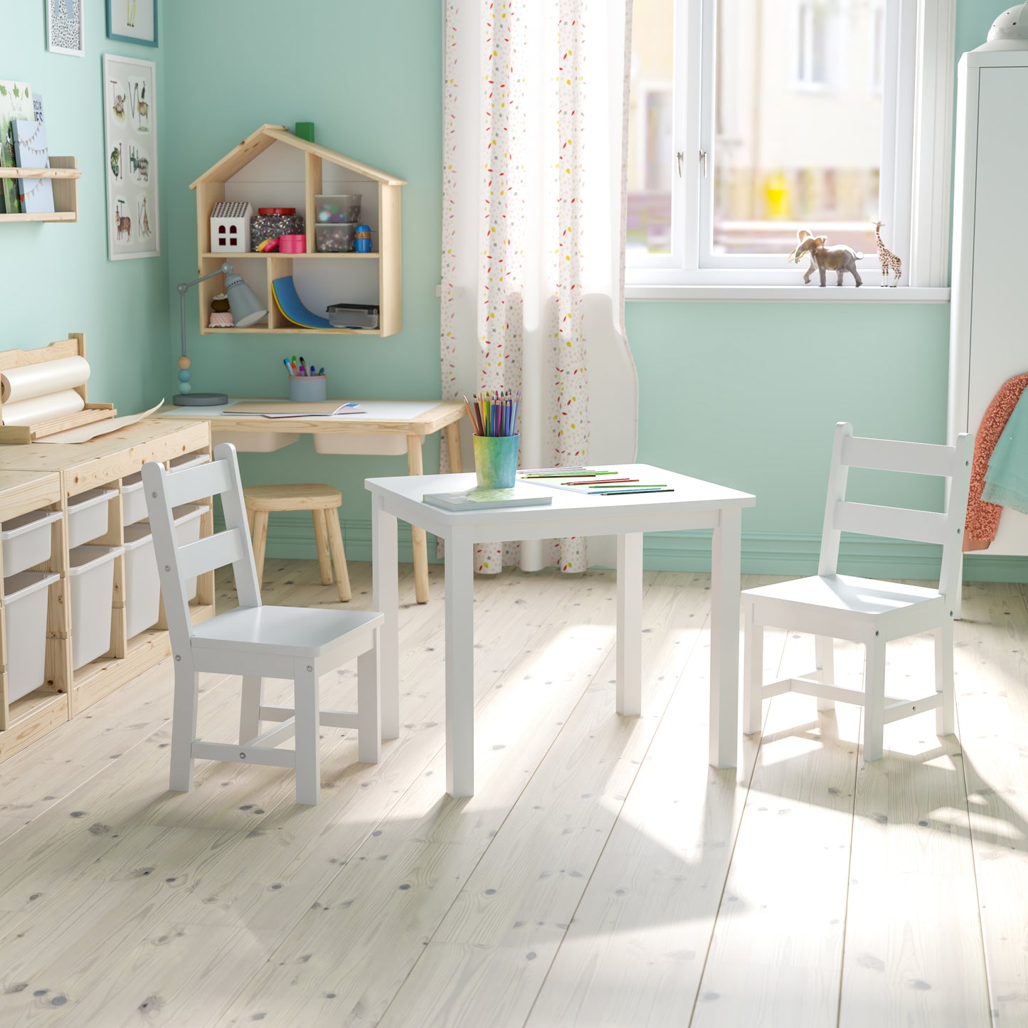 Kyndl Kids Solid Hardwood Table and Chair Set for Playroom, Bedroom, Kitchen - 3 Piece Set - White White