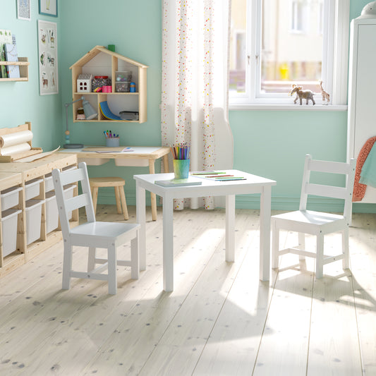 Kyndl Kids Solid Hardwood Table and Chair Set for Playroom, Bedroom, Kitchen - 3 Piece Set - White White