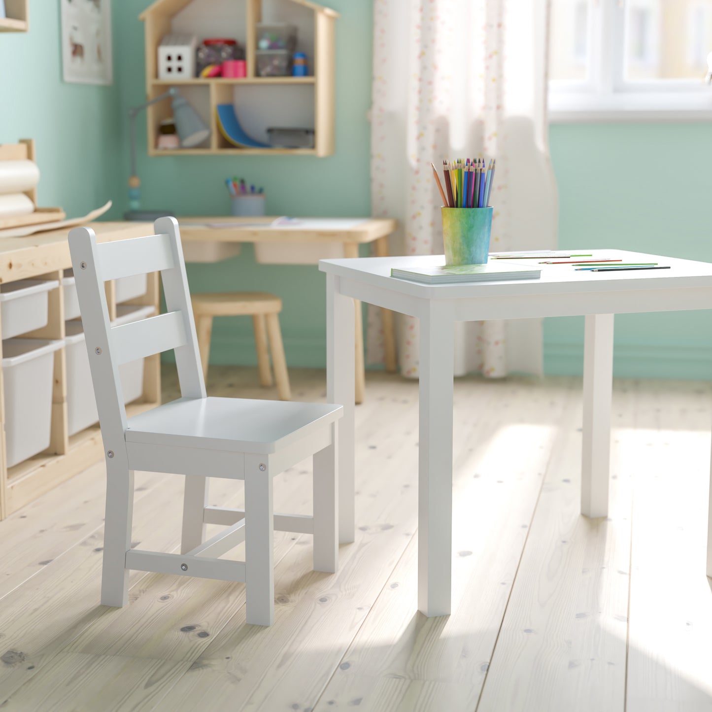 Kyndl Kids Solid Hardwood Table and Chair Set for Playroom, Bedroom, Kitchen - 3 Piece Set - White White