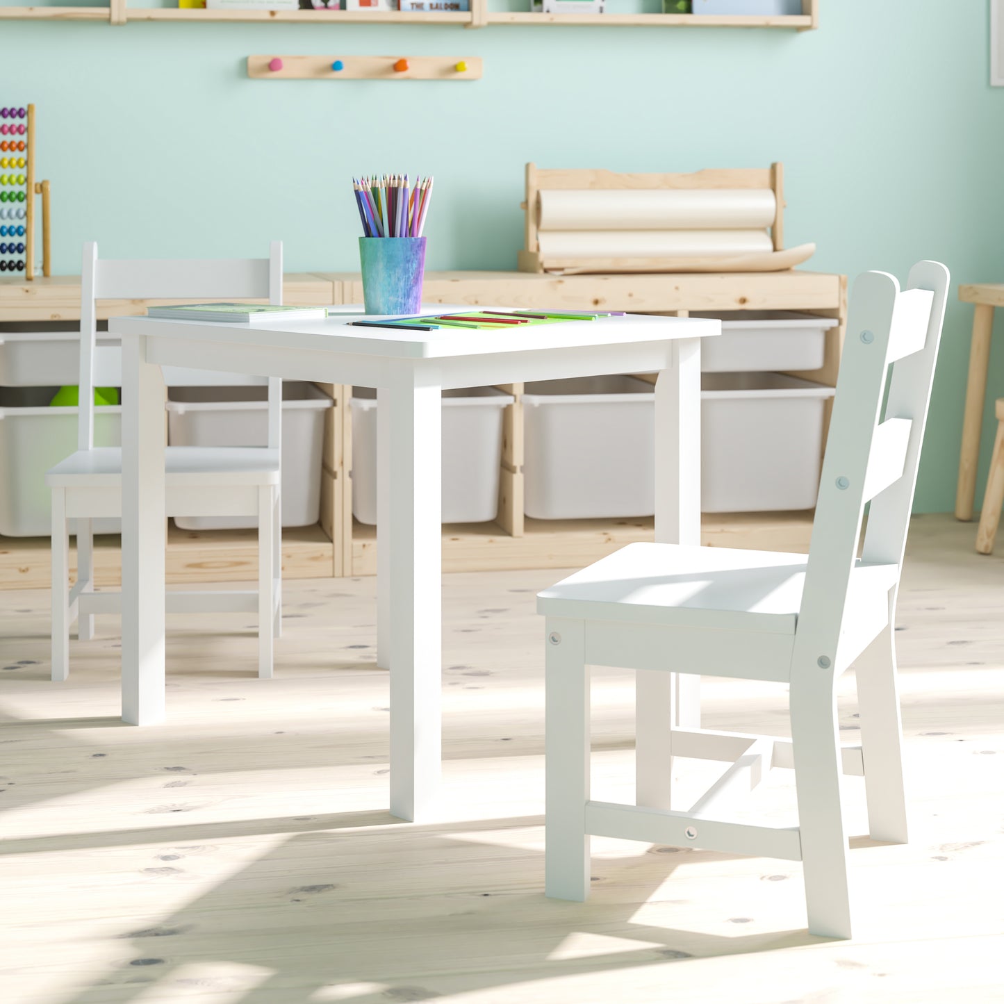 Kyndl Kids Solid Hardwood Table and Chair Set for Playroom, Bedroom, Kitchen - 3 Piece Set - White White