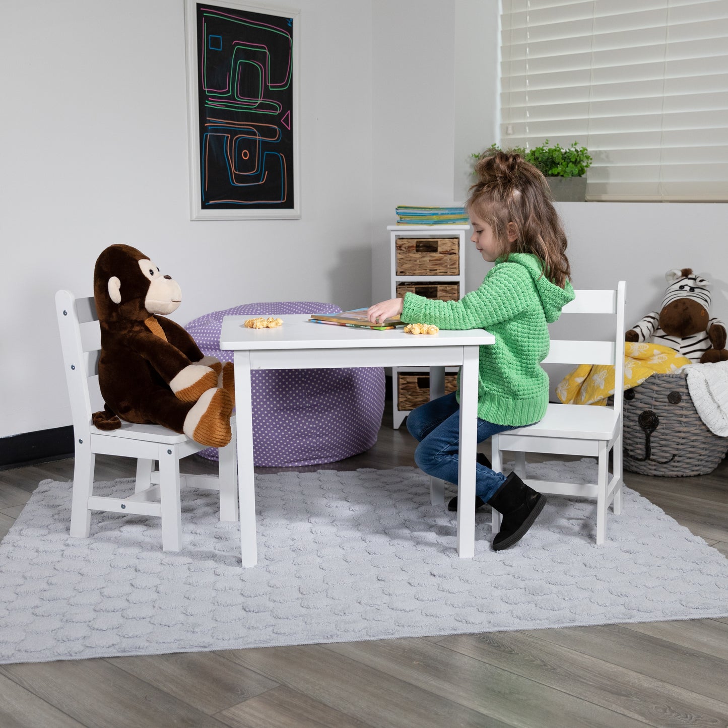 Kyndl Kids Solid Hardwood Table and Chair Set for Playroom, Bedroom, Kitchen - 3 Piece Set - White White