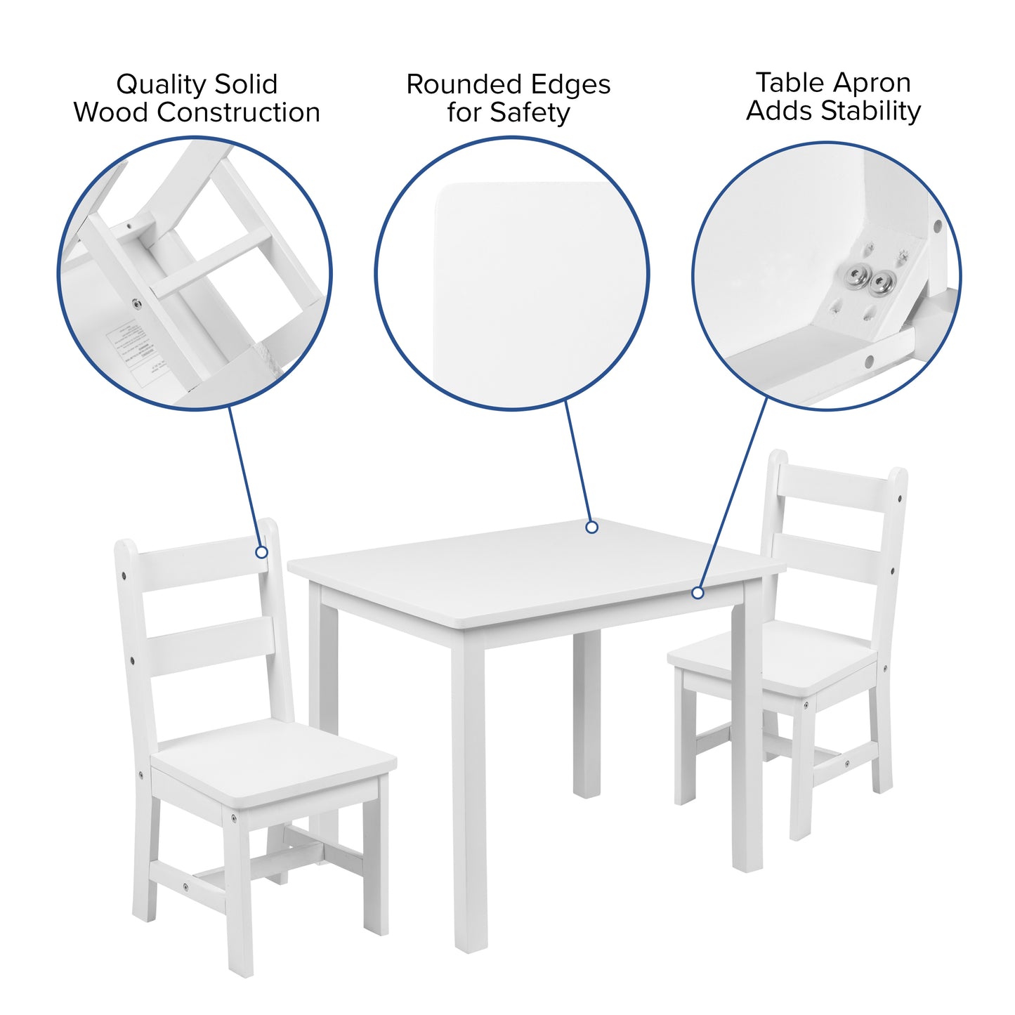 Kyndl Kids Solid Hardwood Table and Chair Set for Playroom, Bedroom, Kitchen - 3 Piece Set - White White