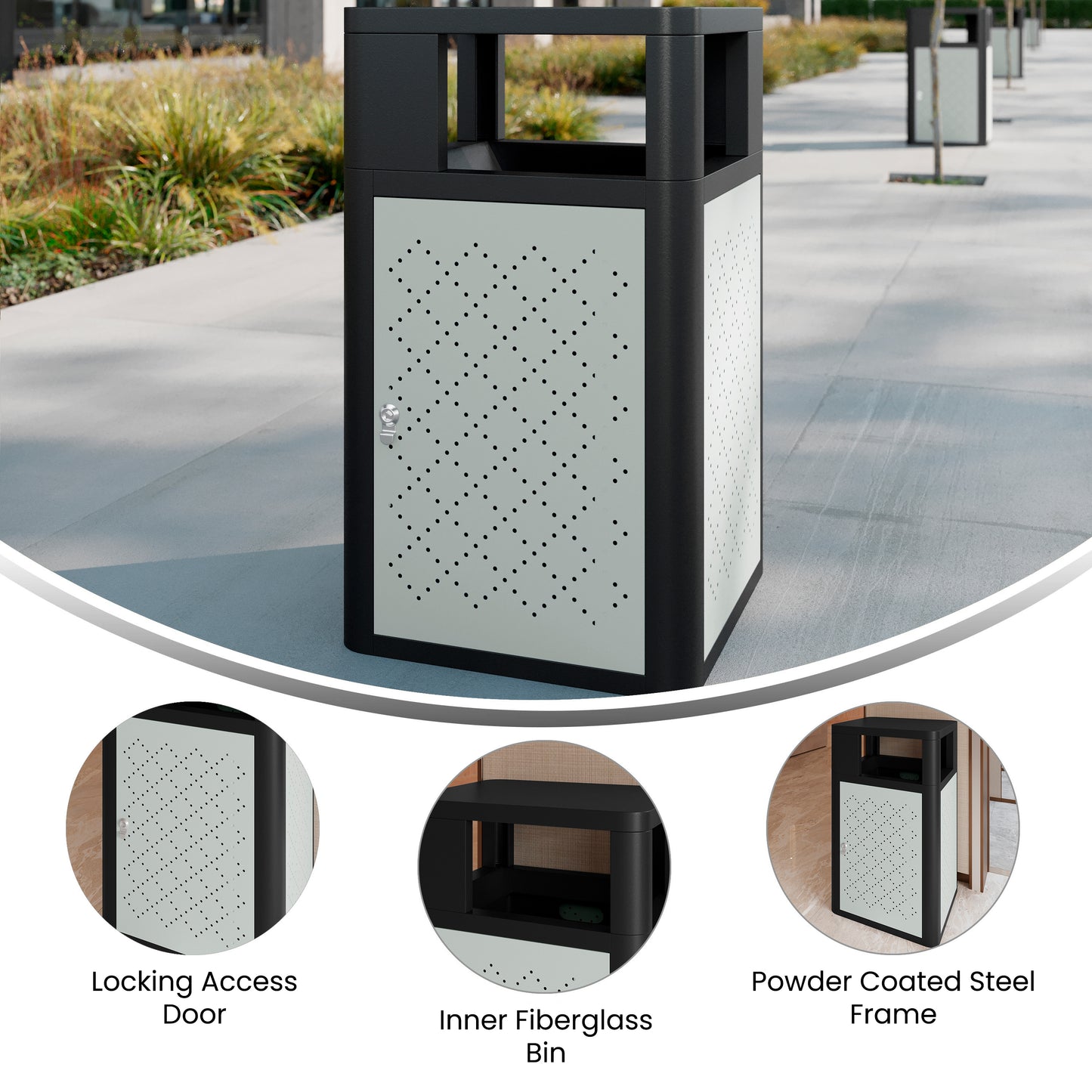 Brooks 31.4 Gallon Indoor-Outdoor Steel Trash Can with Locking Access Door and Removable Inner Fiberglass Bin, Black/Silver Black