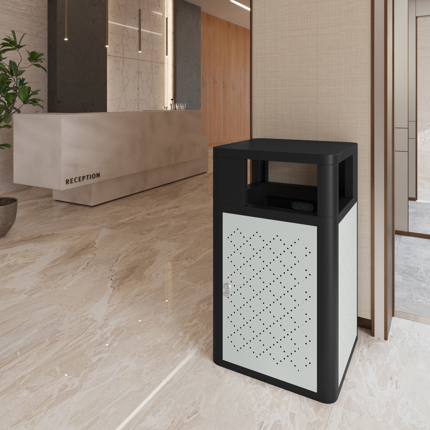 Brooks 31.4 Gallon Indoor-Outdoor Steel Trash Can with Locking Access Door and Removable Inner Fiberglass Bin, Black/Silver Black