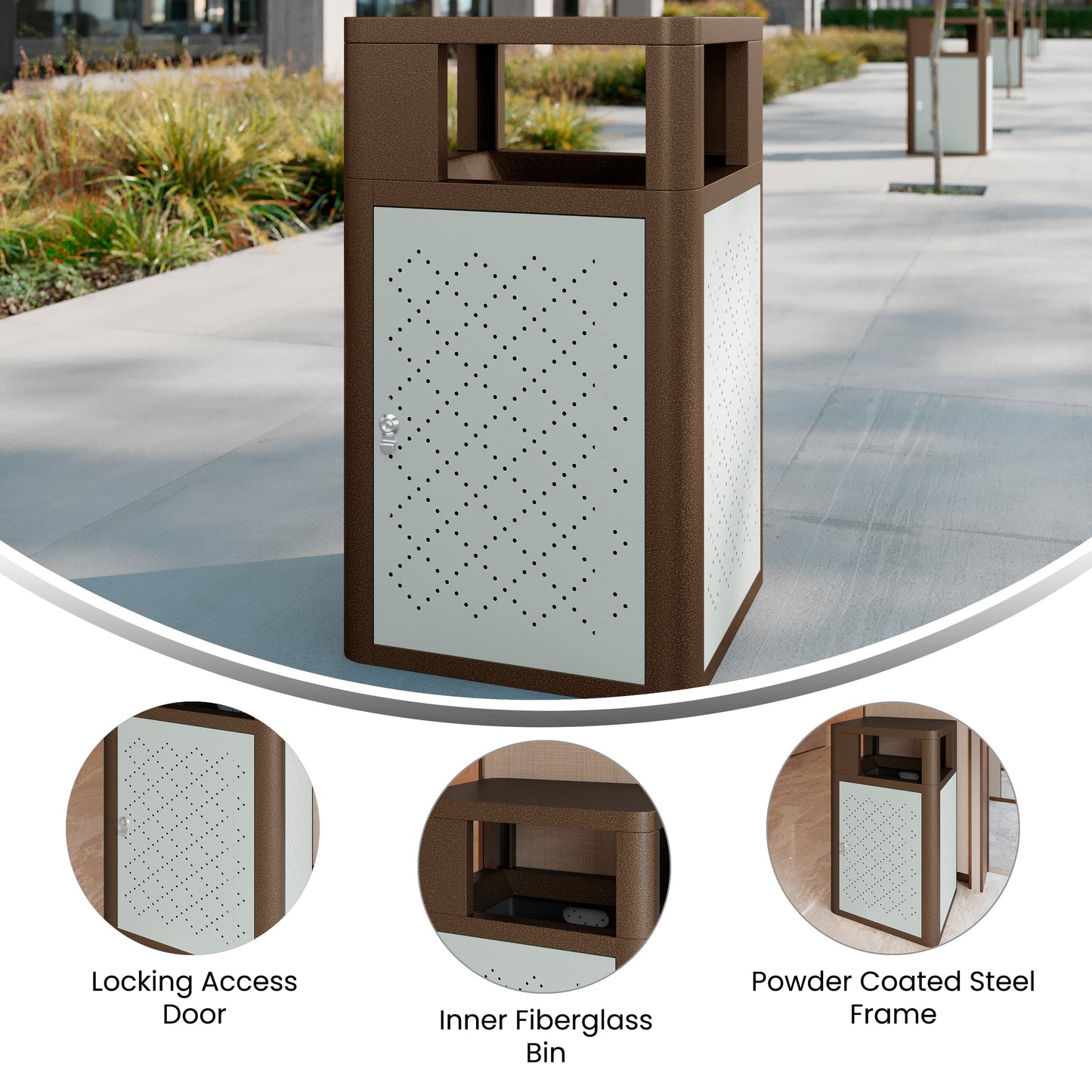 Brooks 31.4 Gallon Indoor-Outdoor Steel Trash Can with Locking Access Door and Removable Inner Fiberglass Bin, Brown/Silver Brown