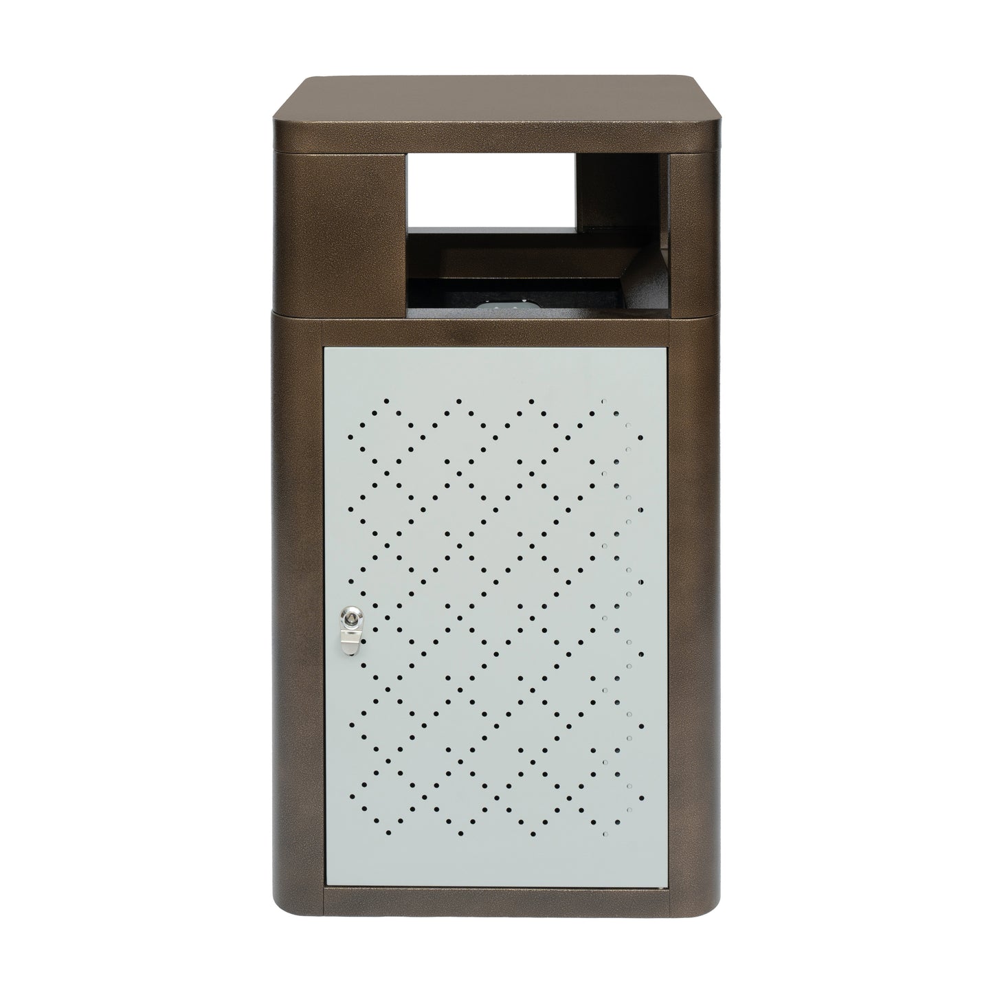 Brooks 31.4 Gallon Indoor-Outdoor Steel Trash Can with Locking Access Door and Removable Inner Fiberglass Bin, Brown/Silver Brown